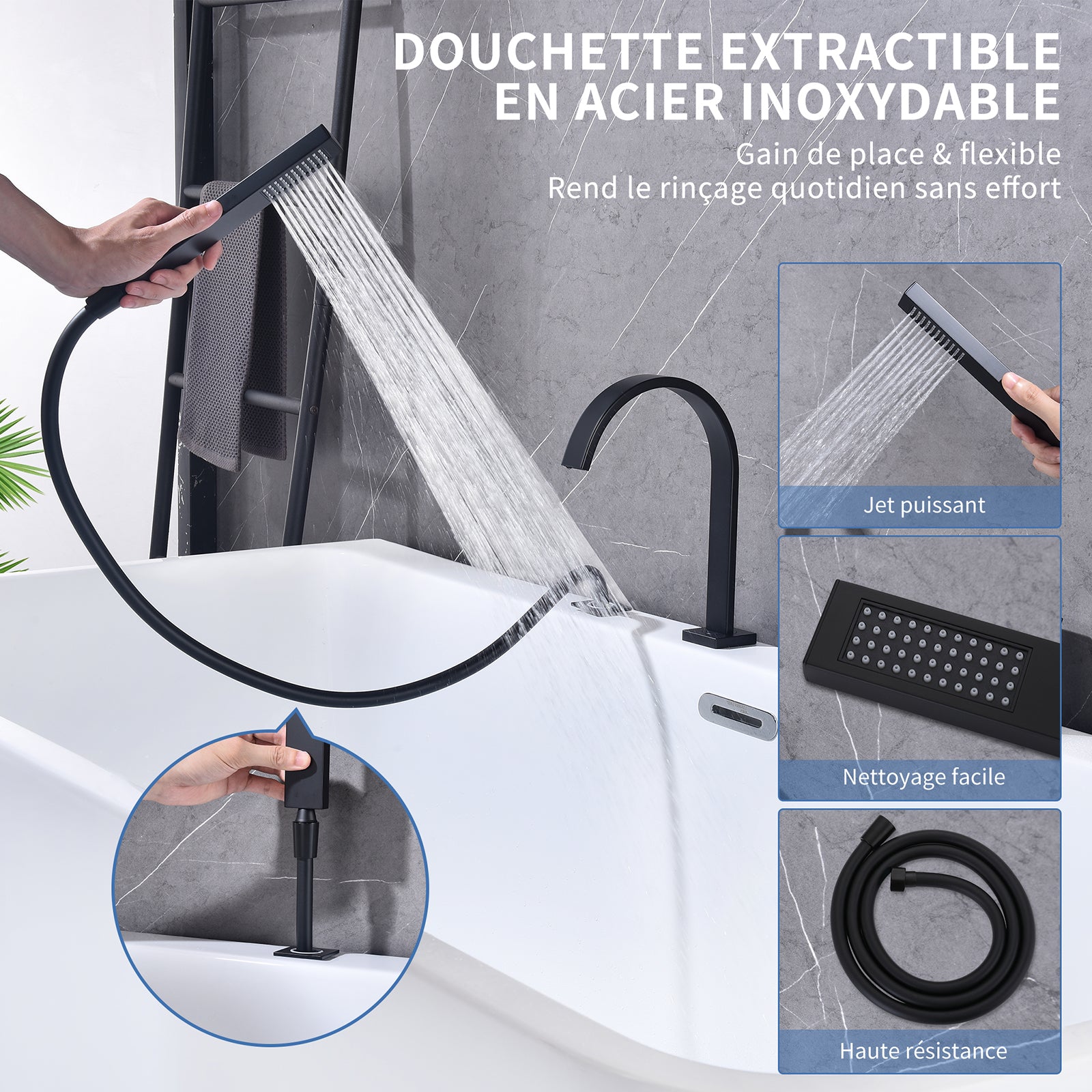 Homelody Robinet Baignoire 4 Trous Noir, Bec Cascade Pivotant 360°, Mitigeur Bain-Douche en Laiton Durable avec Douchette