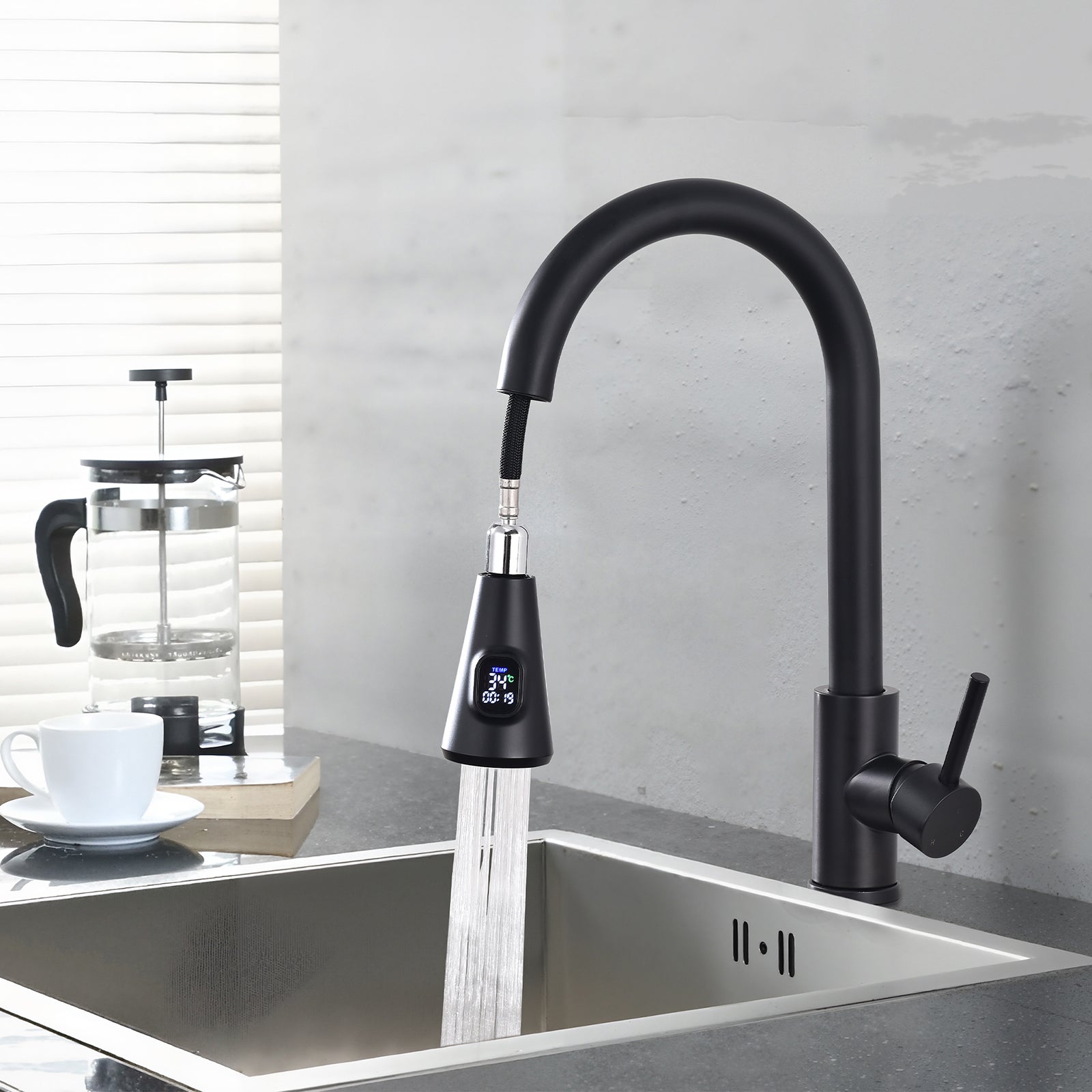 Homelody Robinet Cuisine Avec Affichage LED Température,Mitigeur Cuisine Avec Douchette Pivotant à 360° d'Évier à Arc Élevé Pulvérisateur Escamotable 2 Modes, Acier Inoxydable