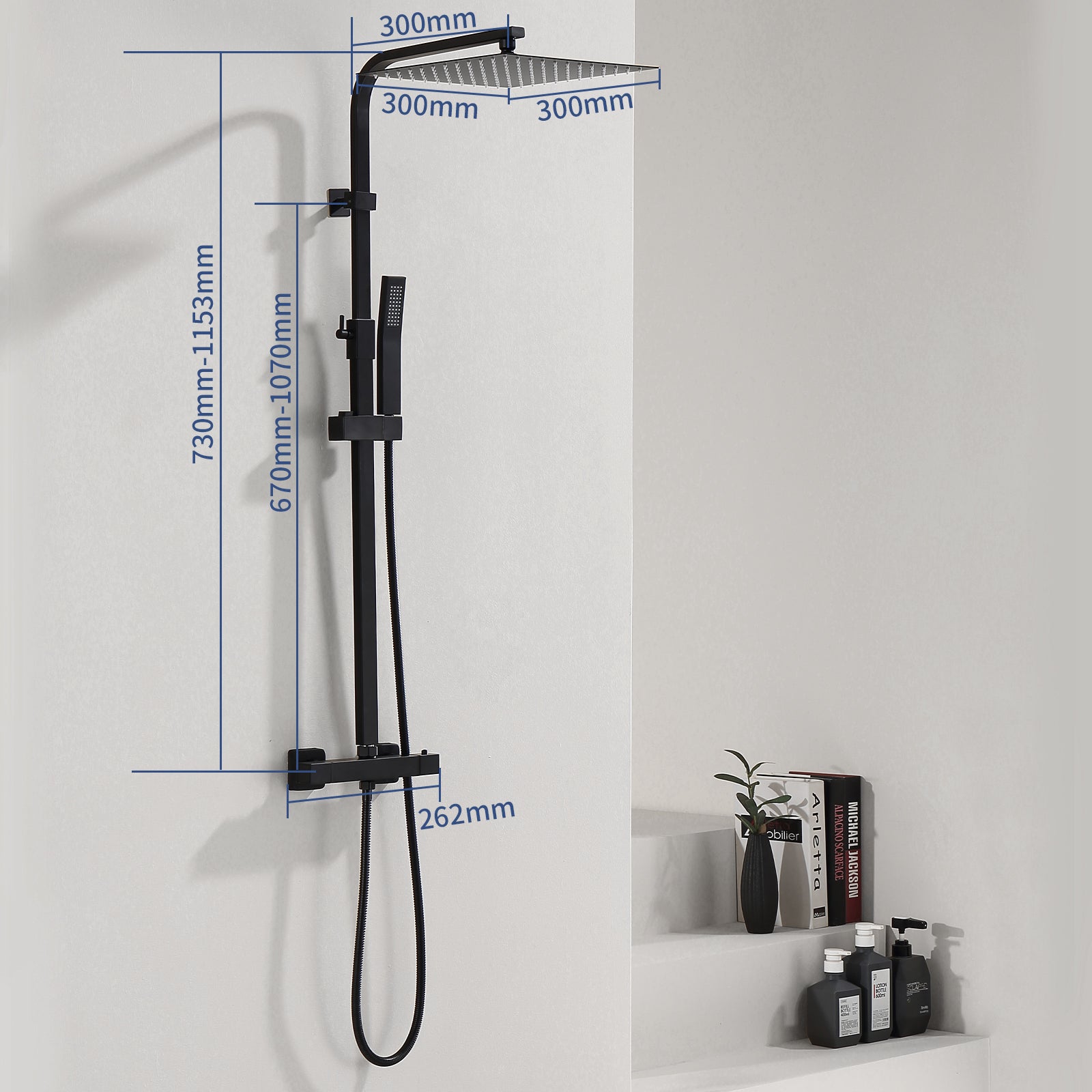 Homelody Colonne de Douche Thermostatique Système de Douche Hauteur Réglable Colonne de Douche Avec Grand Jet de Plafond Carré de 12 Pouces Ensemble de Douche Noir Corps en Laiton