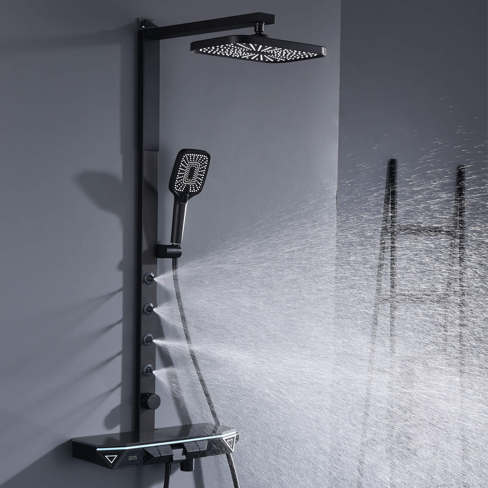 Homelody 38 ℃ Thermostatique Système de douche à affichage numérique avec Plateau de Rangement avec mitigeur de Baignoire pour et Pivotantà 360° backspray, lumière ambiante
