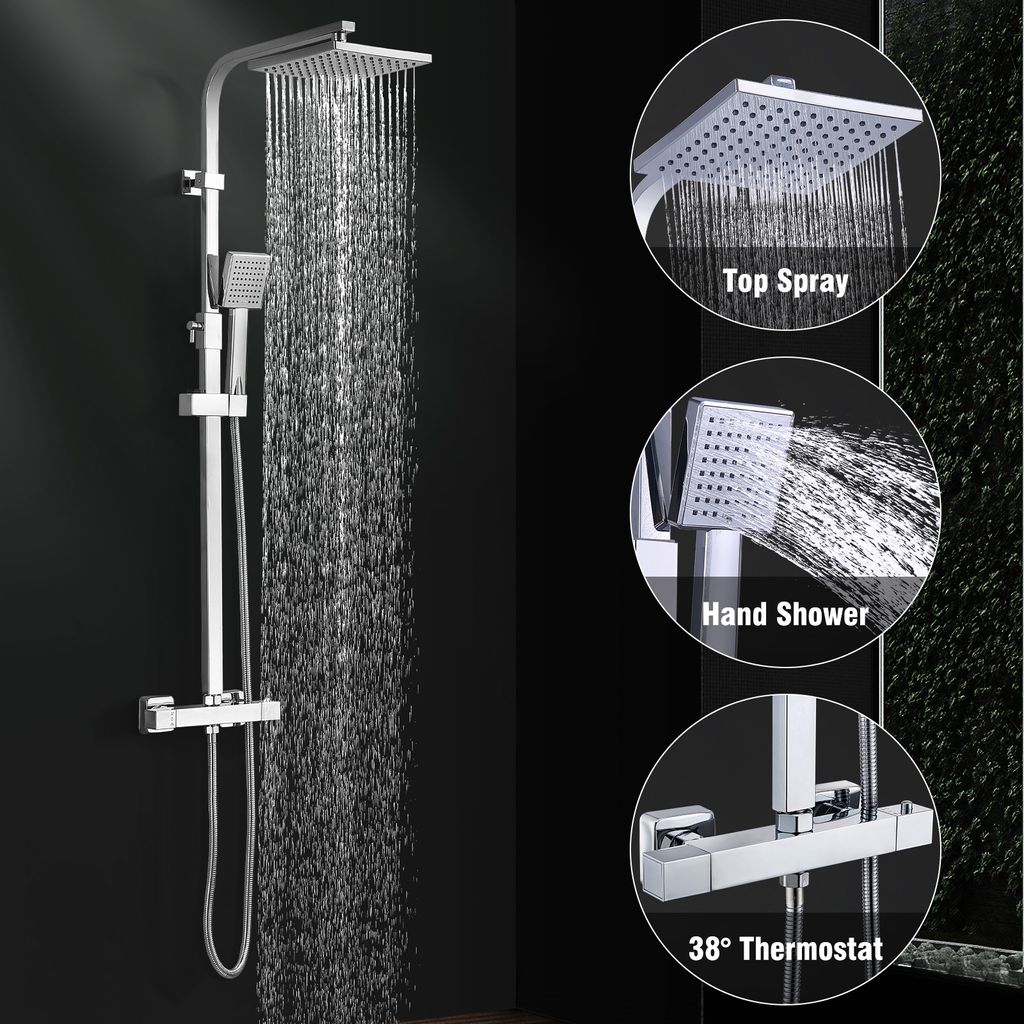 Système de douche Homelody avec thermostat, kit de douche en laiton avec robinetterie Pomme de douche à effet pluie (200 x 200 mm) Douchette, flexible, barre de douche, robinetterie de douche