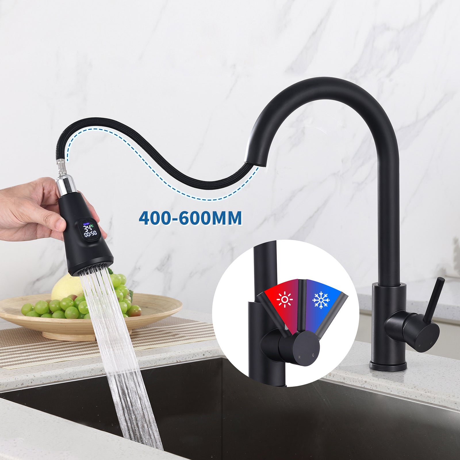 Homelody Robinet Cuisine Avec Affichage LED Température,Mitigeur Cuisine Avec Douchette Pivotant à 360° d'Évier à Arc Élevé Pulvérisateur Escamotable 2 Modes, Acier Inoxydable