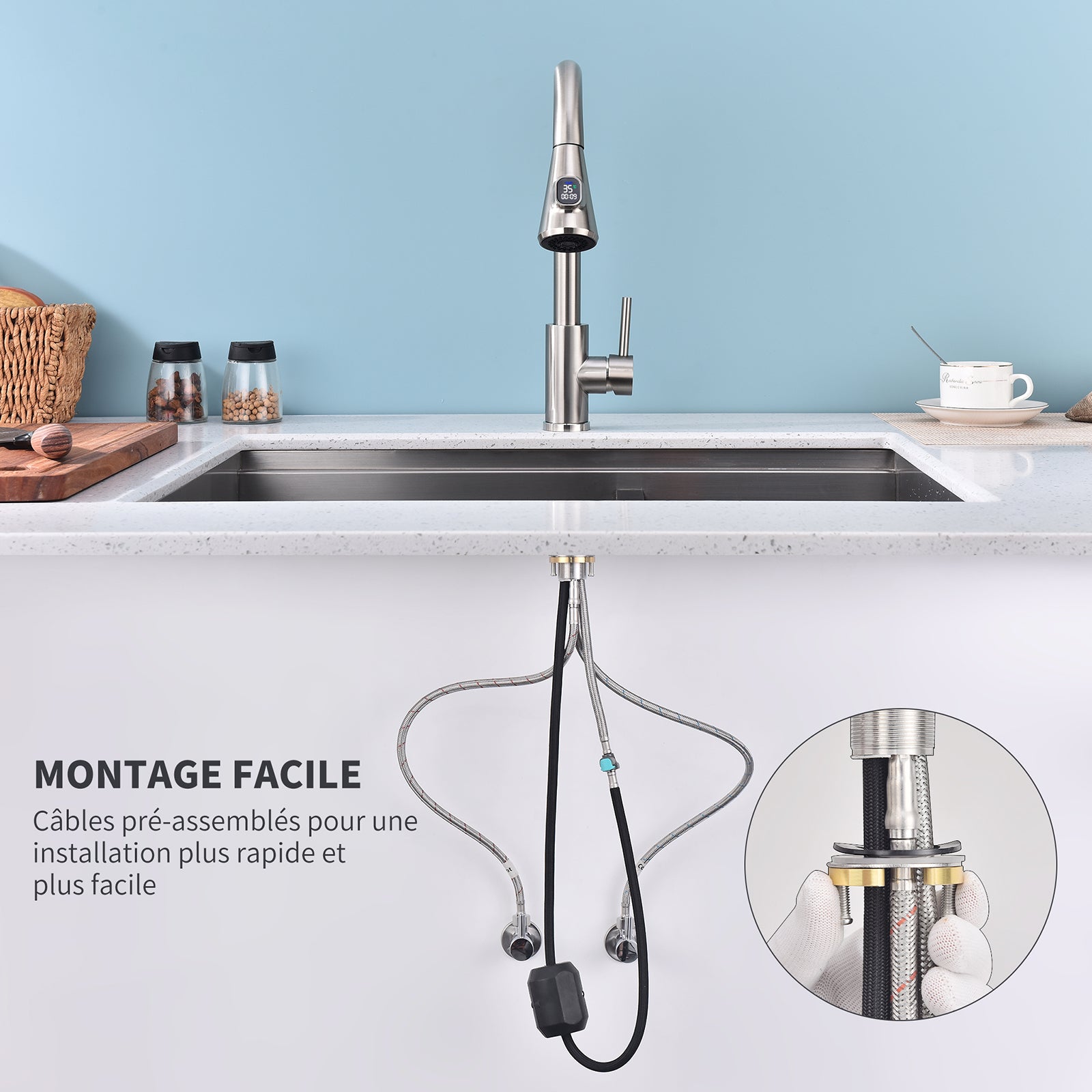 Homelody Robinet Cuisine Avec Affichage LED Température,Mitigeur Cuisine Avec Douchette Pivotant à 360° d'Évier à Arc Élevé Pulvérisateur Escamotable 2 Modes, Acier Inoxydable