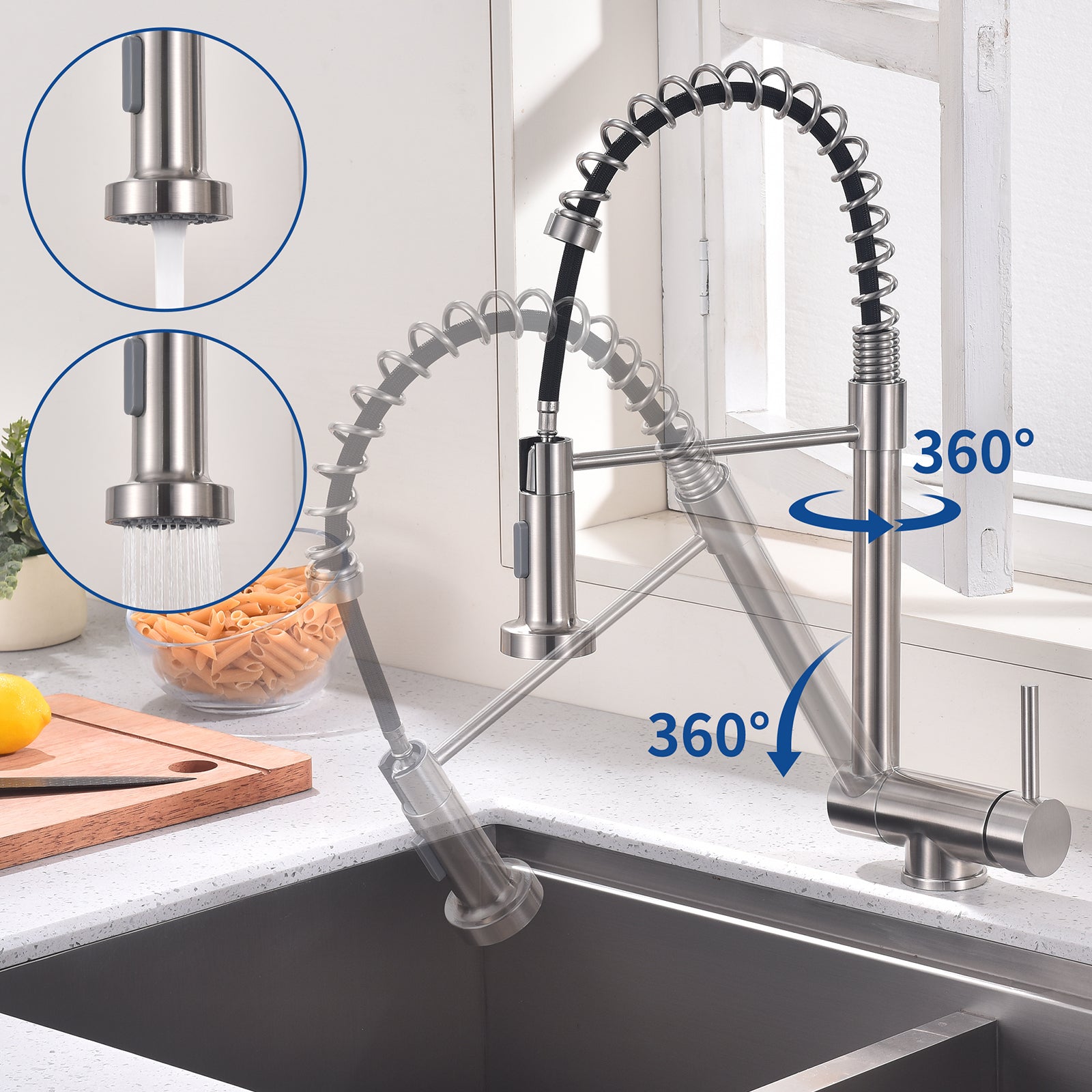 Homelody Mitigeur de Cuisine Rabattable Robinet Cuisine Pliable avec 2 Jets aux Choix Mitigeur d'évier à Ressort en Acier Bec 360° Rotatif Brossé