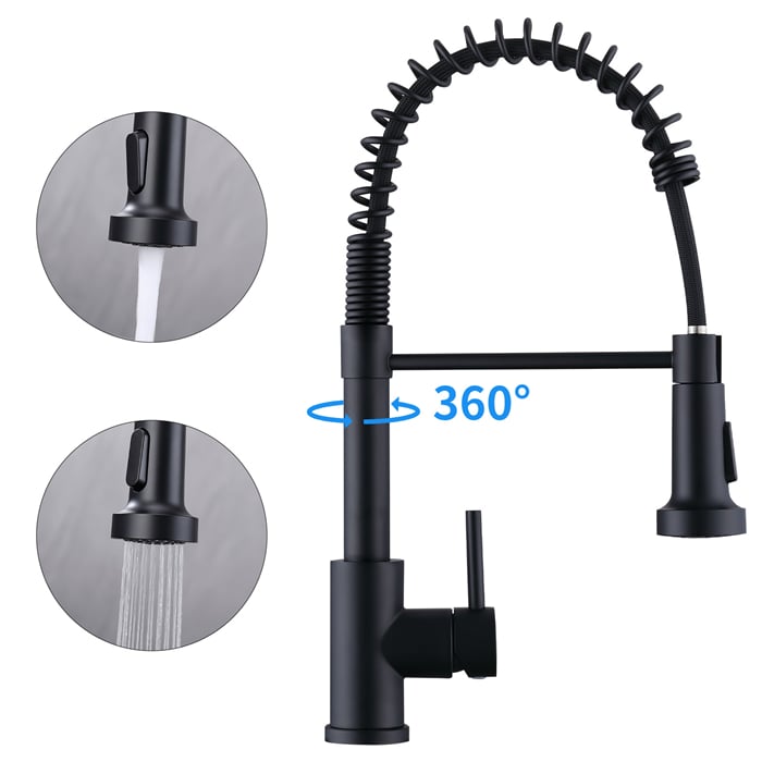 Mitigeur cuisine avec douchette Robinet de Cuisine à Ressort Robinetterie de cuisine Rotation 360° Robinet d'Evier 2 Jets au Choix en Laiton Noir