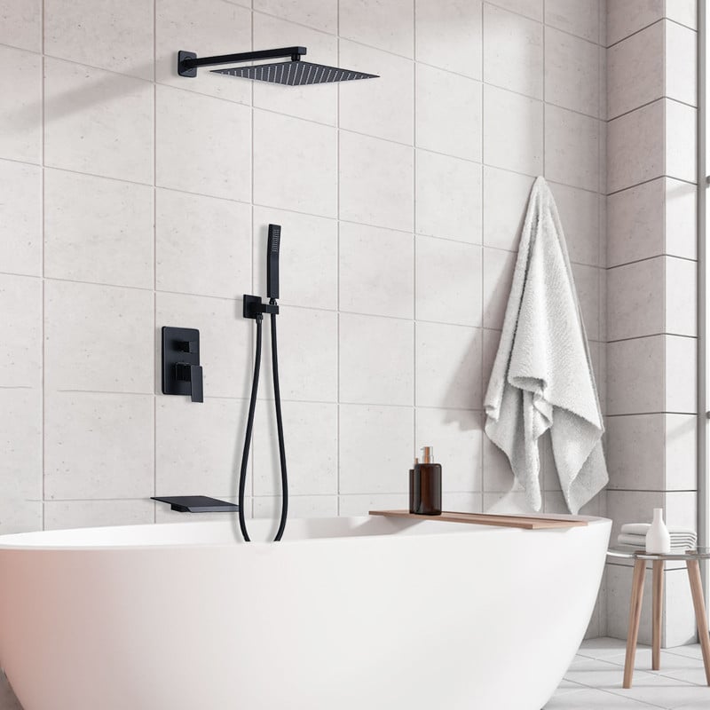 Homelody Colonne de Douche Encastrée OHPA - Ensemble de Douche Noir,Bec déverseur de baignoire,30x30cm Douche de Tête,avec Douchette,Laiton&Acier Inoxydable