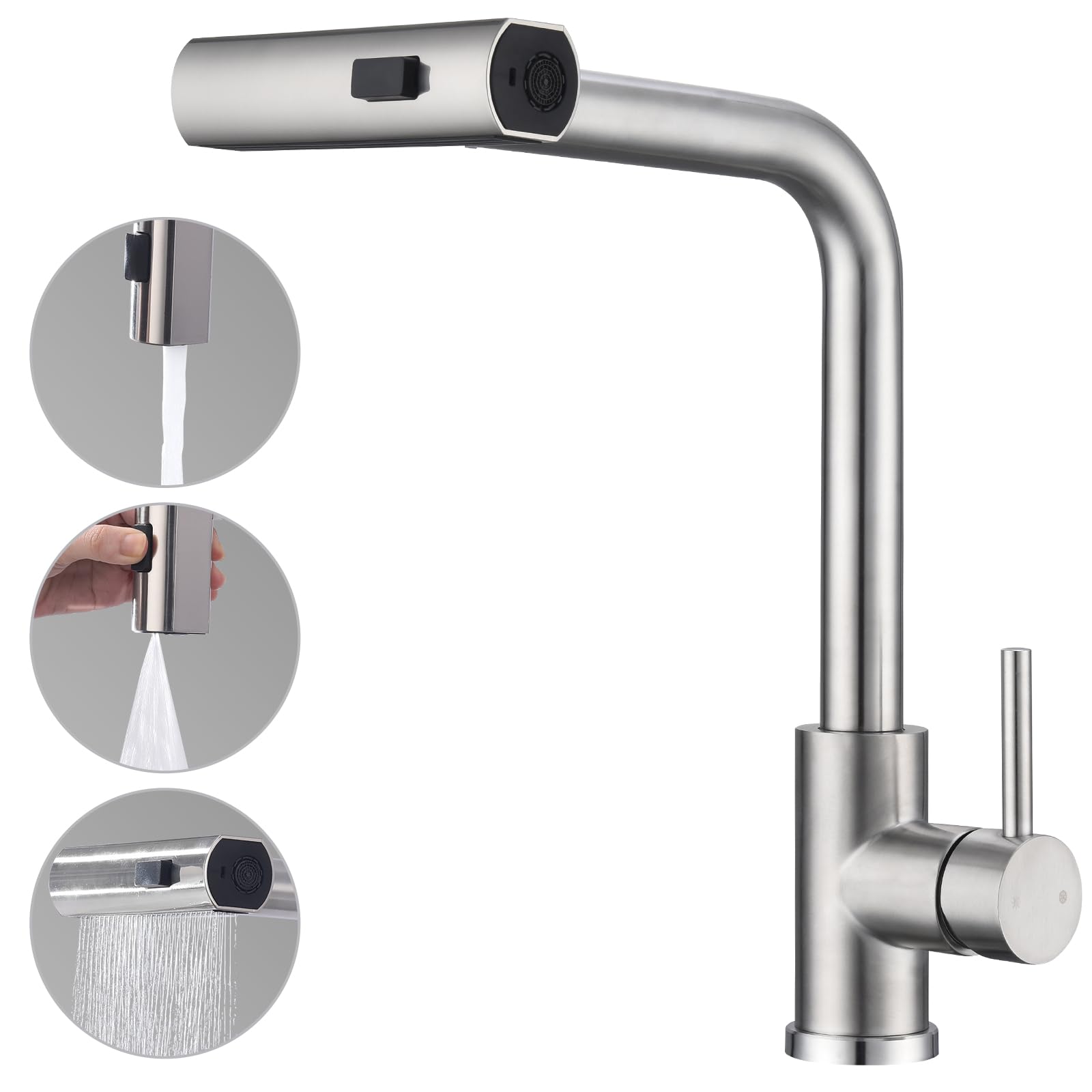 HOMELODY Robinet de cuisine extensible avec 3 types de jet, robinet d'évier avec douchette, robinet de cuisine pivotant à 360°, mitigeur de cuisine en acier inoxydable brossé