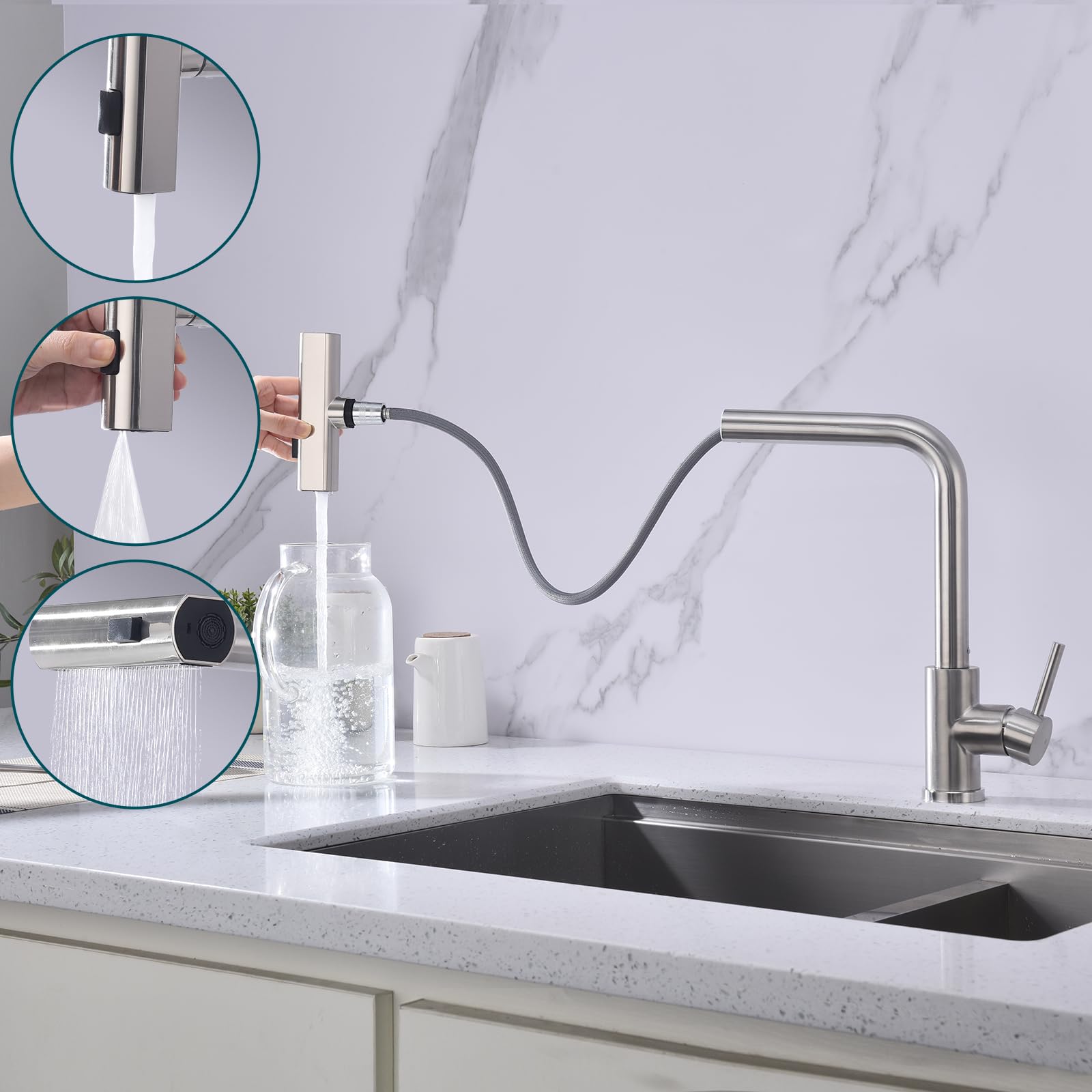 HOMELODY Robinet de cuisine extensible avec 3 types de jet, robinet d'évier avec douchette, robinet de cuisine pivotant à 360°, mitigeur de cuisine en acier inoxydable brossé