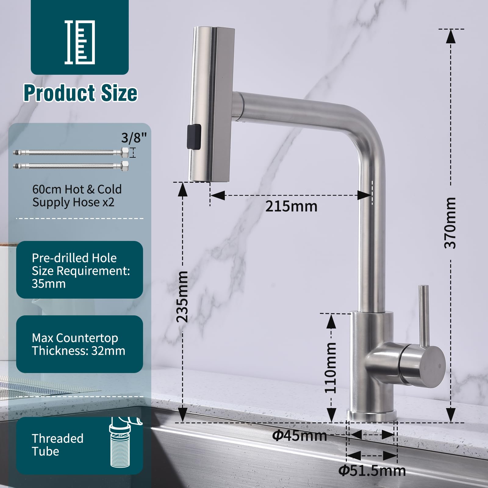HOMELODY Robinet de cuisine extensible avec 3 types de jet, robinet d'évier avec douchette, robinet de cuisine pivotant à 360°, mitigeur de cuisine en acier inoxydable brossé
