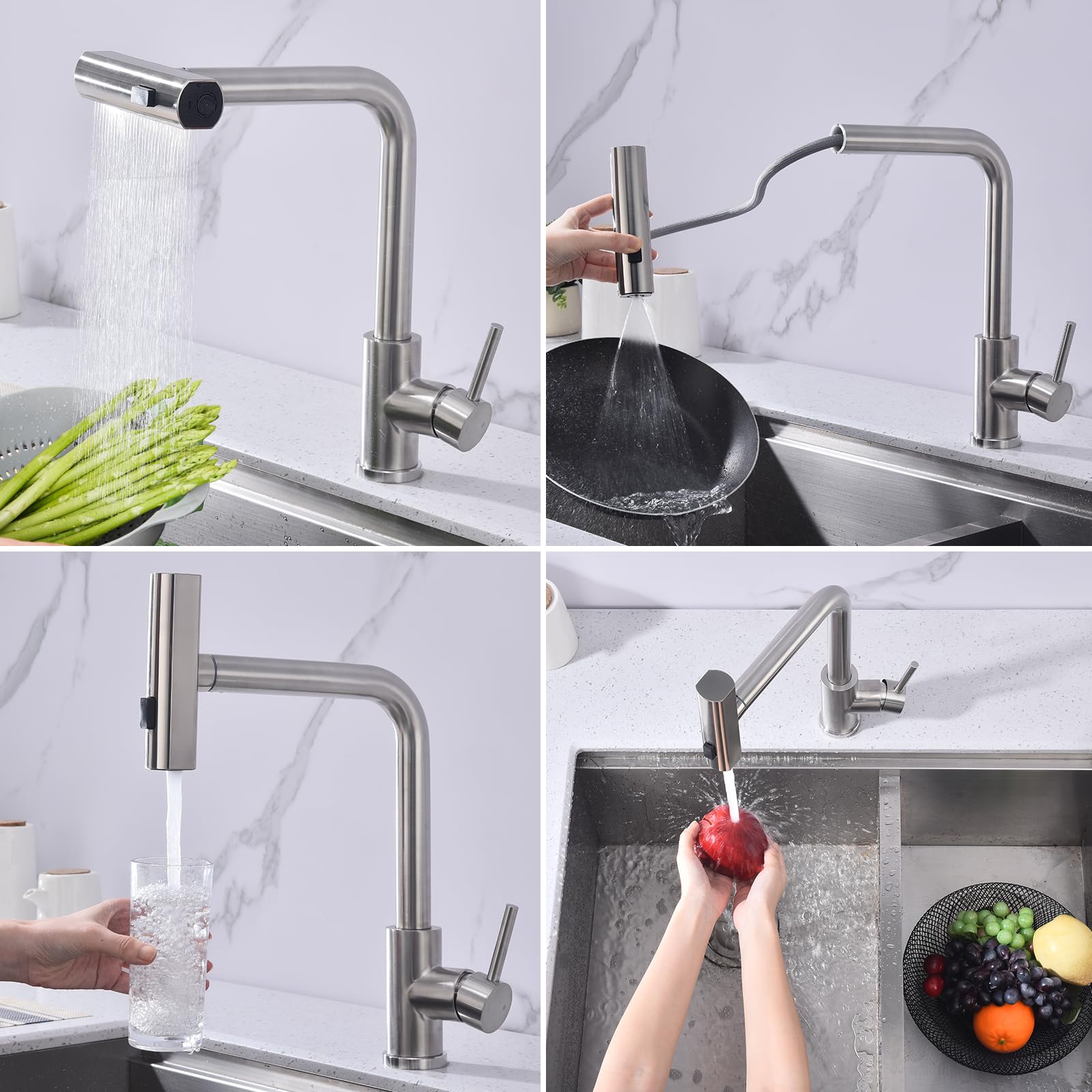 HOMELODY Robinet de cuisine extensible avec 3 types de jet, robinet d'évier avec douchette, robinet de cuisine pivotant à 360°, mitigeur de cuisine en acier inoxydable brossé