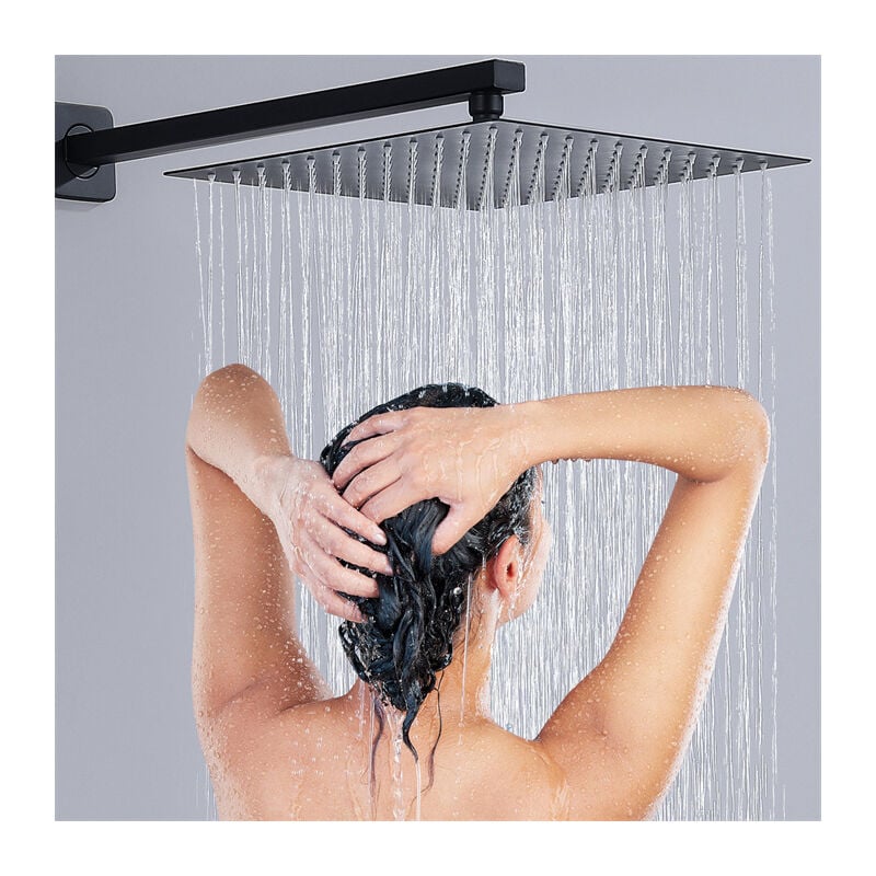 Homelody Colonne de Douche Encastrée OHPA - Ensemble de Douche Noir,Bec déverseur de baignoire,30x30cm Douche de Tête,avec Douchette,Laiton&Acier Inoxydable