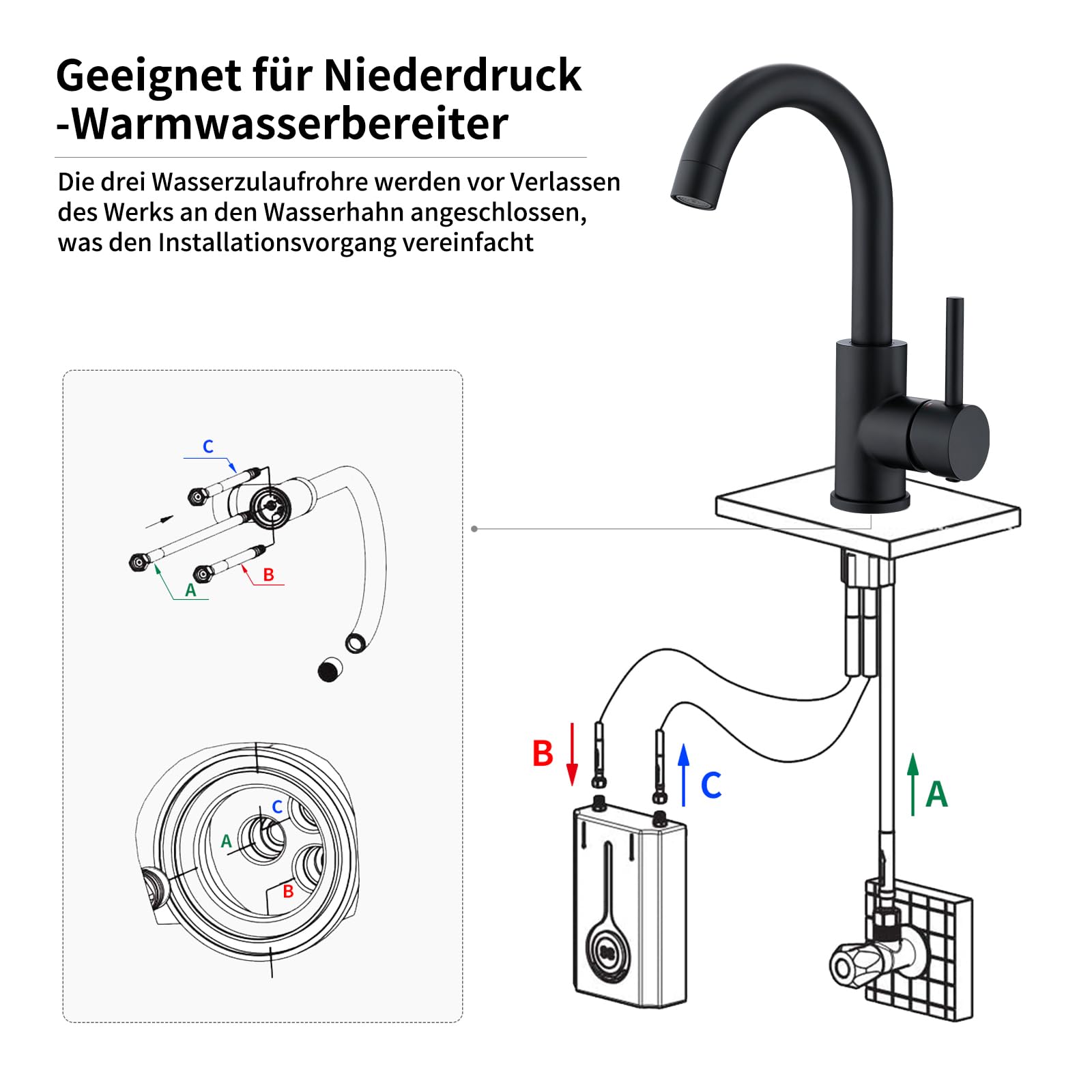 HOMELODY Robinet mitigeur basse pression pour salle de bain/cuisine - Noir - Pivotant à 360°