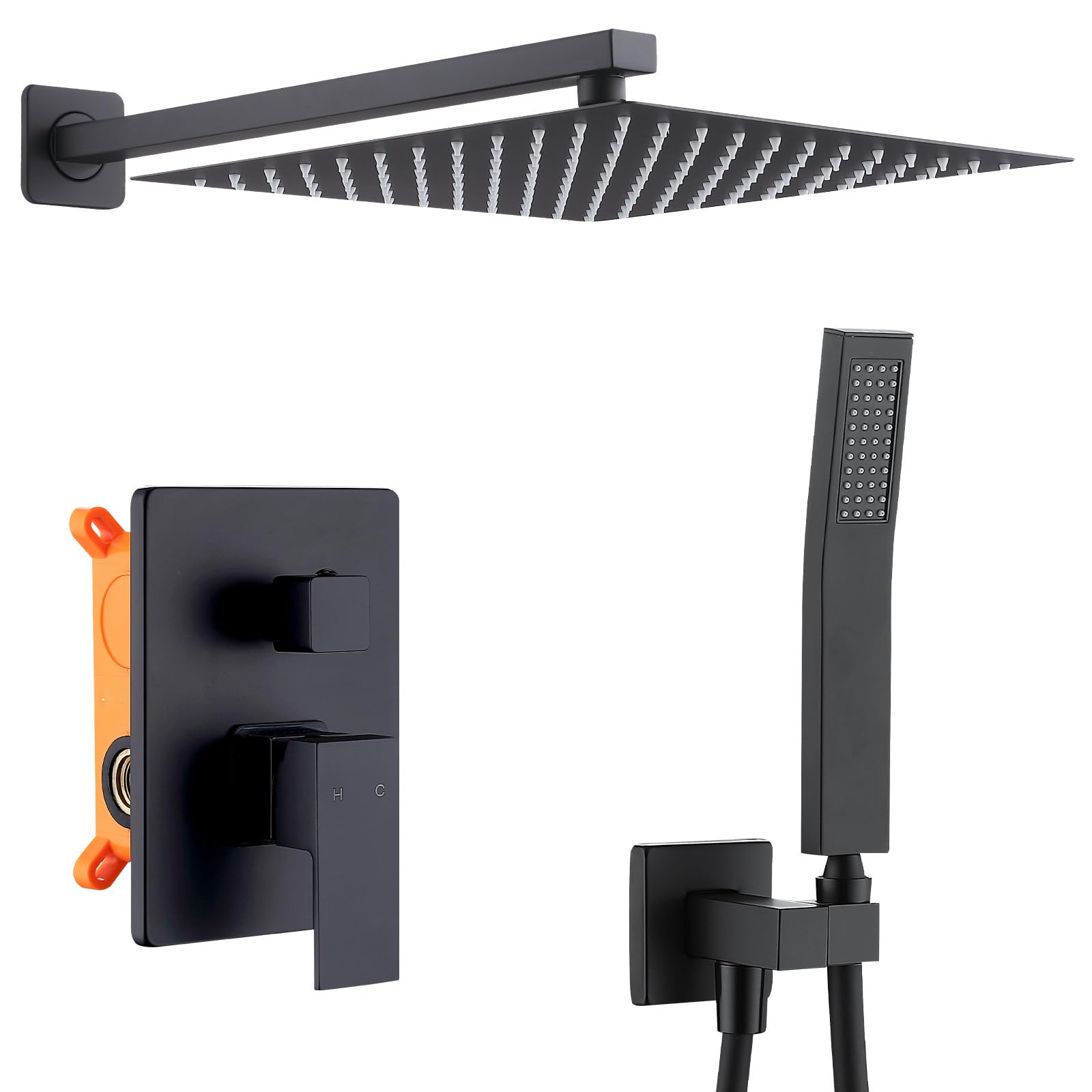 Homelody Système de douche noir encastré avec fonction anti-brûlure, douche de tête à effet pluie de 30 x 30 cm, douchette, corps en laiton