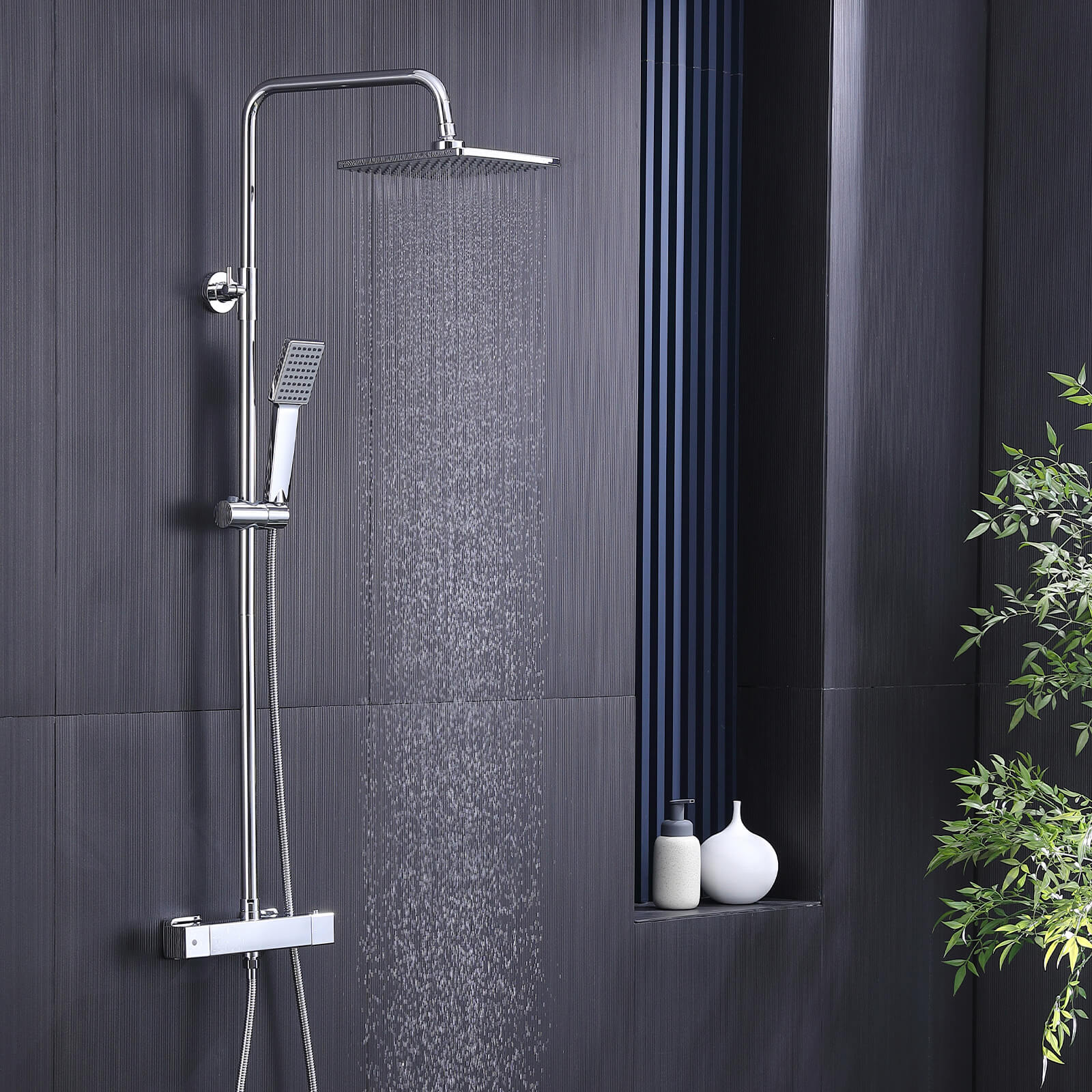 HOMELODY Système de douche avec thermostat chromé - Robinet de douche en acier inoxydable - Douche de pluie avec robinet avec verrouillage de sécurité à 38 °C - Douchette ABS - Douchette de tête -