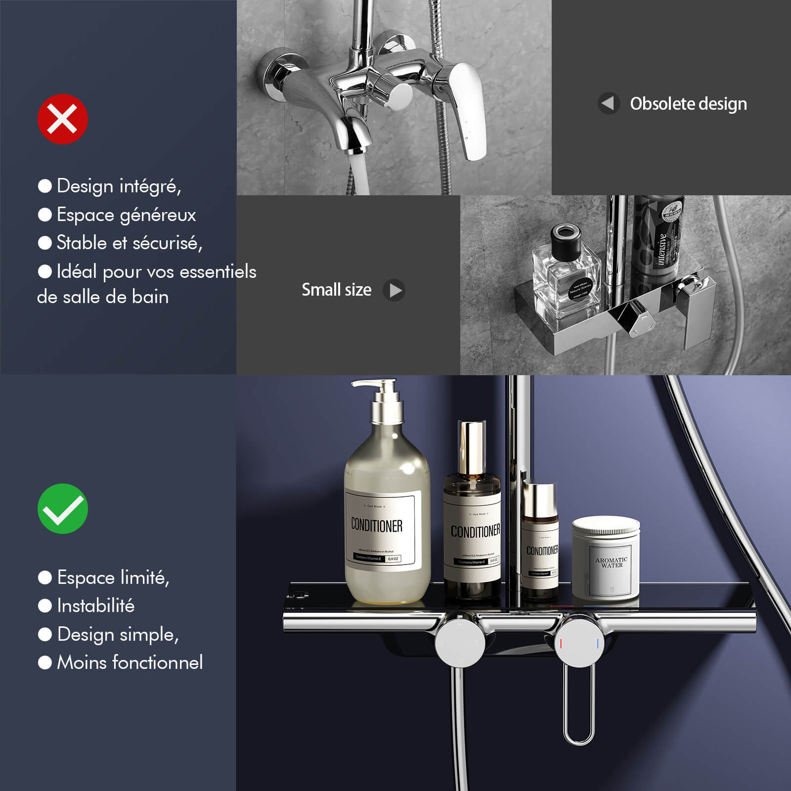 Homelody Colonne de Douche Ensemble Colonne de Douche avec Étagère 40 cm, Tige de douche, Douchette à Main Avec 5 modes, Douche à Effet Pluie Pommeau de Douche Gris