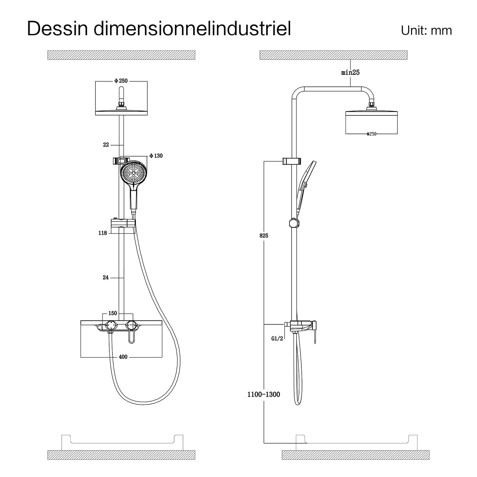 Homelody Colonne de Douche Ensemble Colonne de Douche avec Étagère 40 cm, Tige de douche, Douchette à Main Avec 5 modes, Douche à Effet Pluie Pommeau de Douche Gris