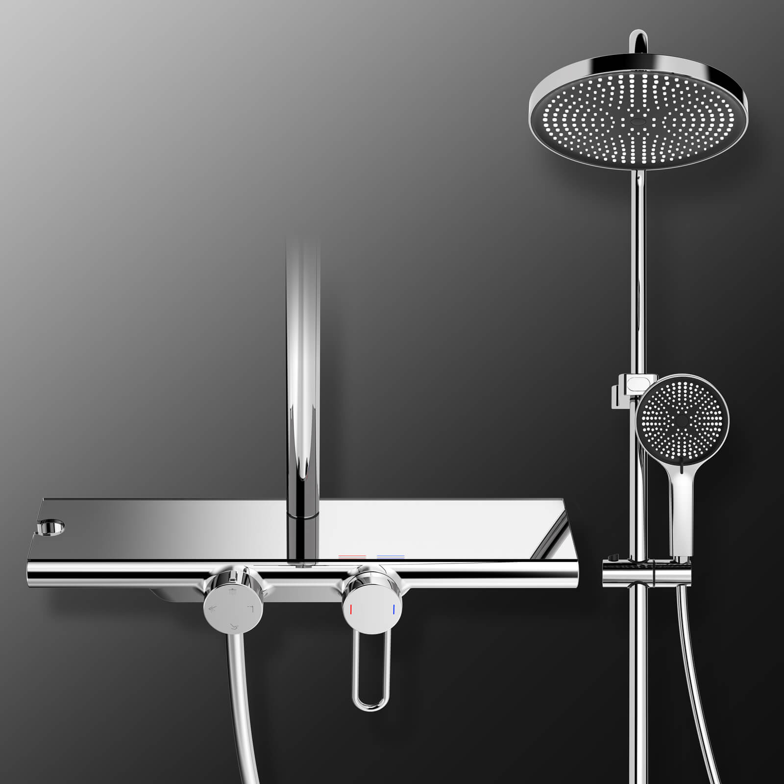 Homelody Colonne de Douche Ensemble Colonne de Douche avec Étagère 40 cm, Tige de douche, Douchette à Main Avec 5 modes, Douche à Effet Pluie Pommeau de Douche Gris