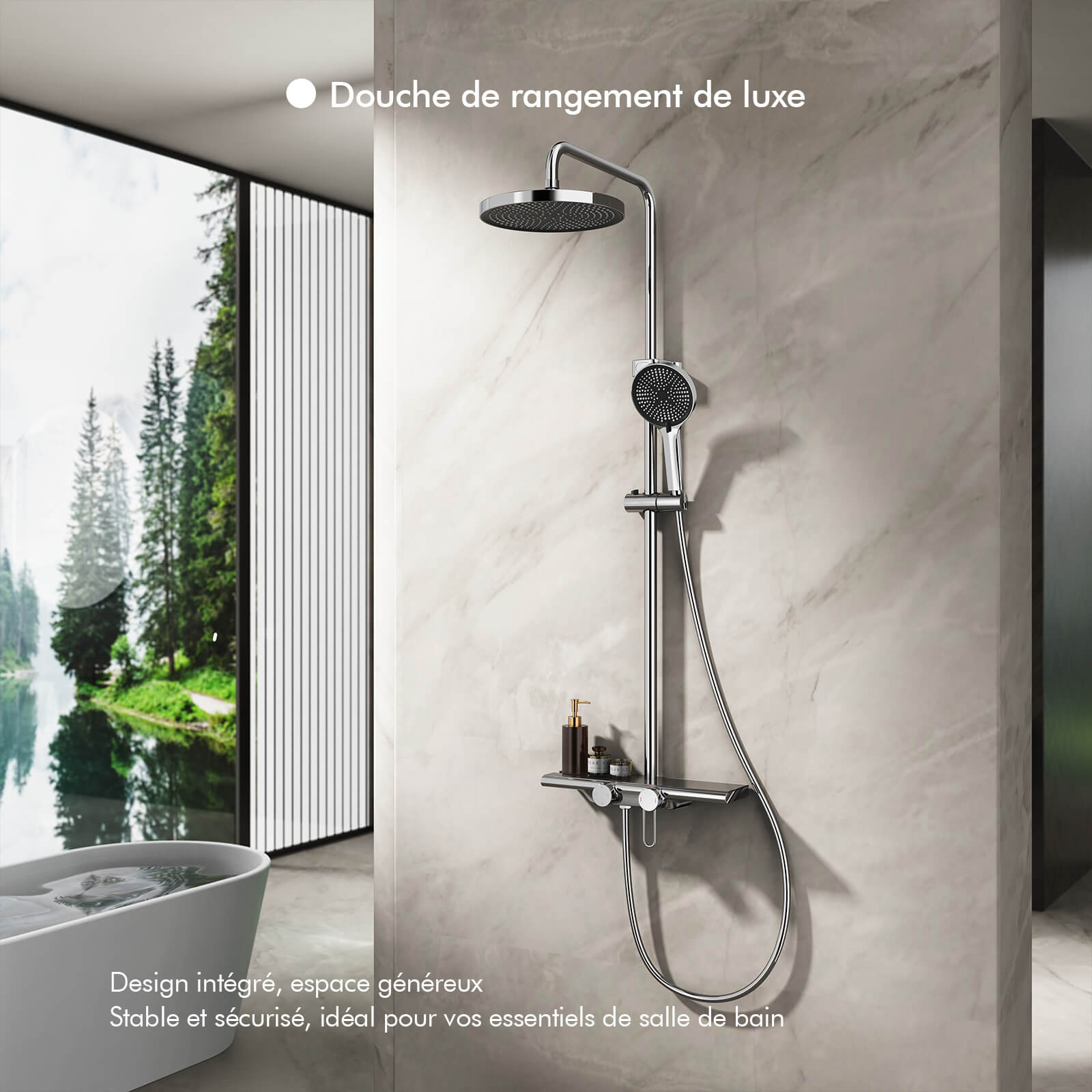 Homelody Colonne de Douche Ensemble Colonne de Douche avec Étagère 40 cm, Tige de douche, Douchette à Main Avec 5 modes, Douche à Effet Pluie Pommeau de Douche Gris