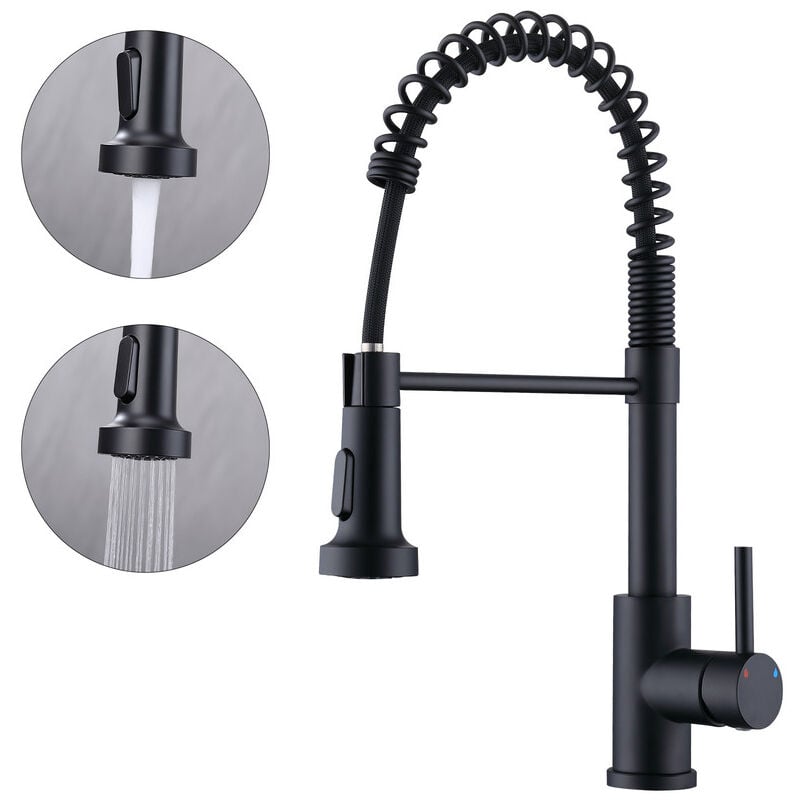 Mitigeur cuisine avec douchette Robinet de Cuisine à Ressort Robinetterie de cuisine Rotation 360° Robinet d'Evier 2 Jets au Choix en Laiton Noir