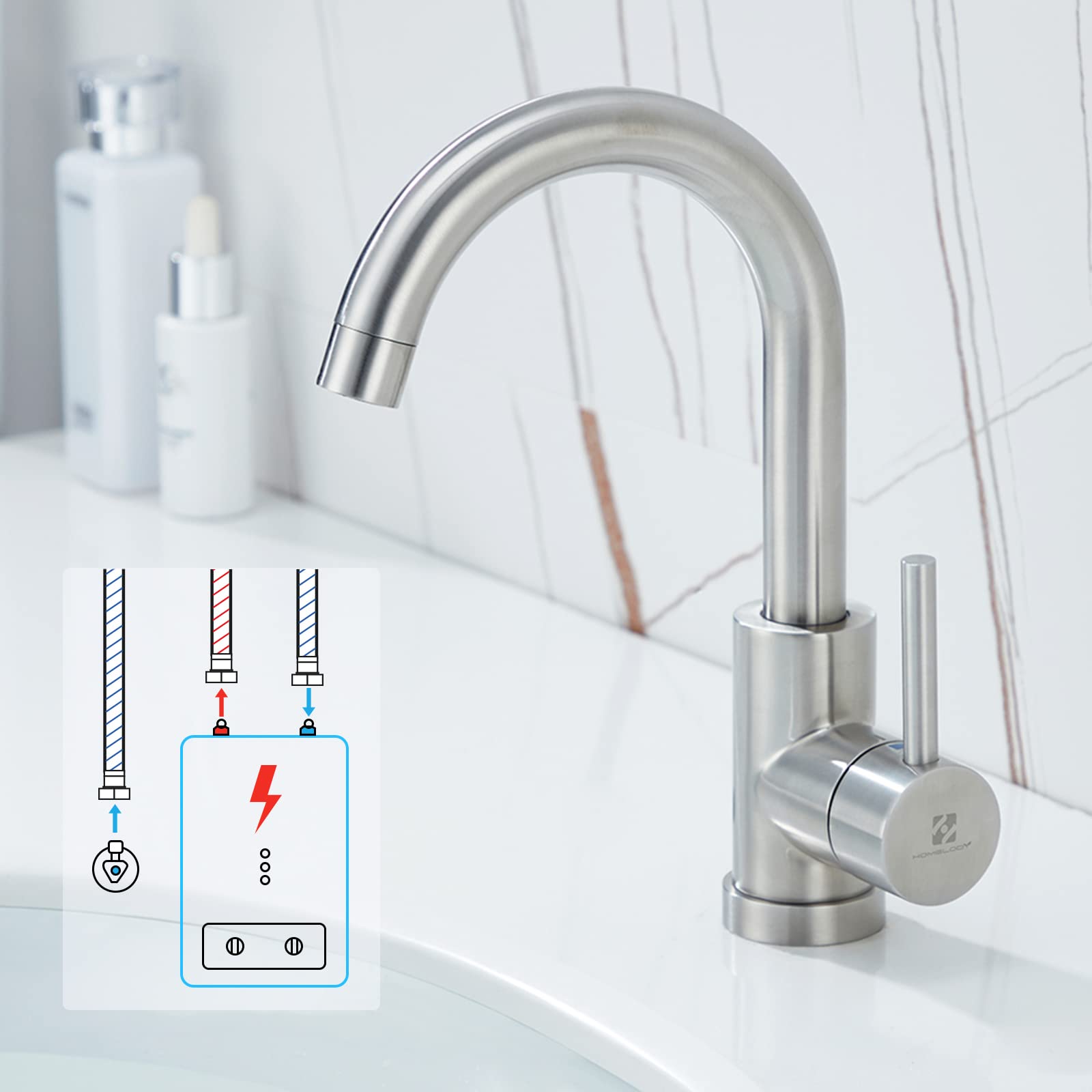 HOMELODY Robinet de salle de bain/cuisine à basse pression rotatif à 360° Robinet de salle de bain Robinet de cuisine Mitigeur monocommande Mitigeur de lavabo en acier inoxydable