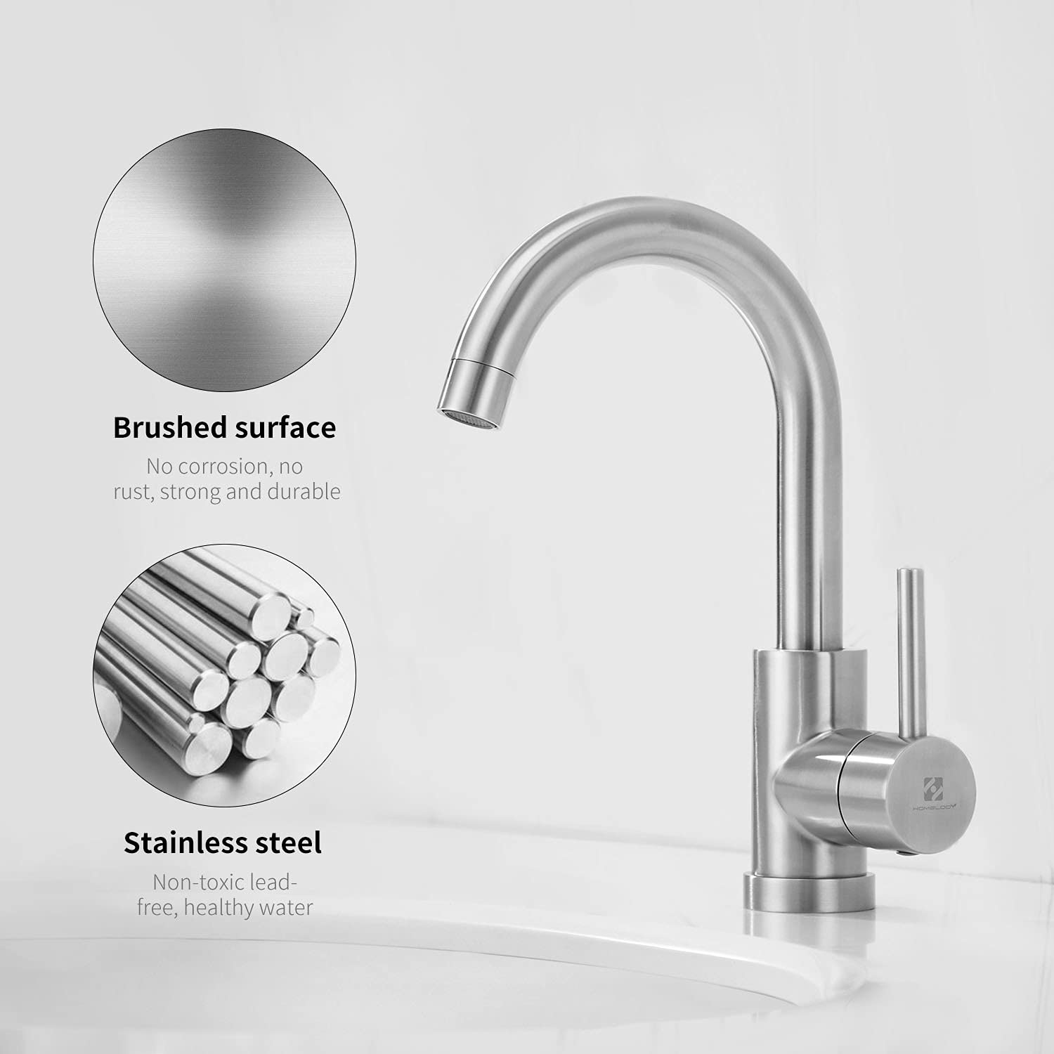 HOMELODY Robinet de salle de bain/cuisine à basse pression rotatif à 360° Robinet de salle de bain Robinet de cuisine Mitigeur monocommande Mitigeur de lavabo en acier inoxydable
