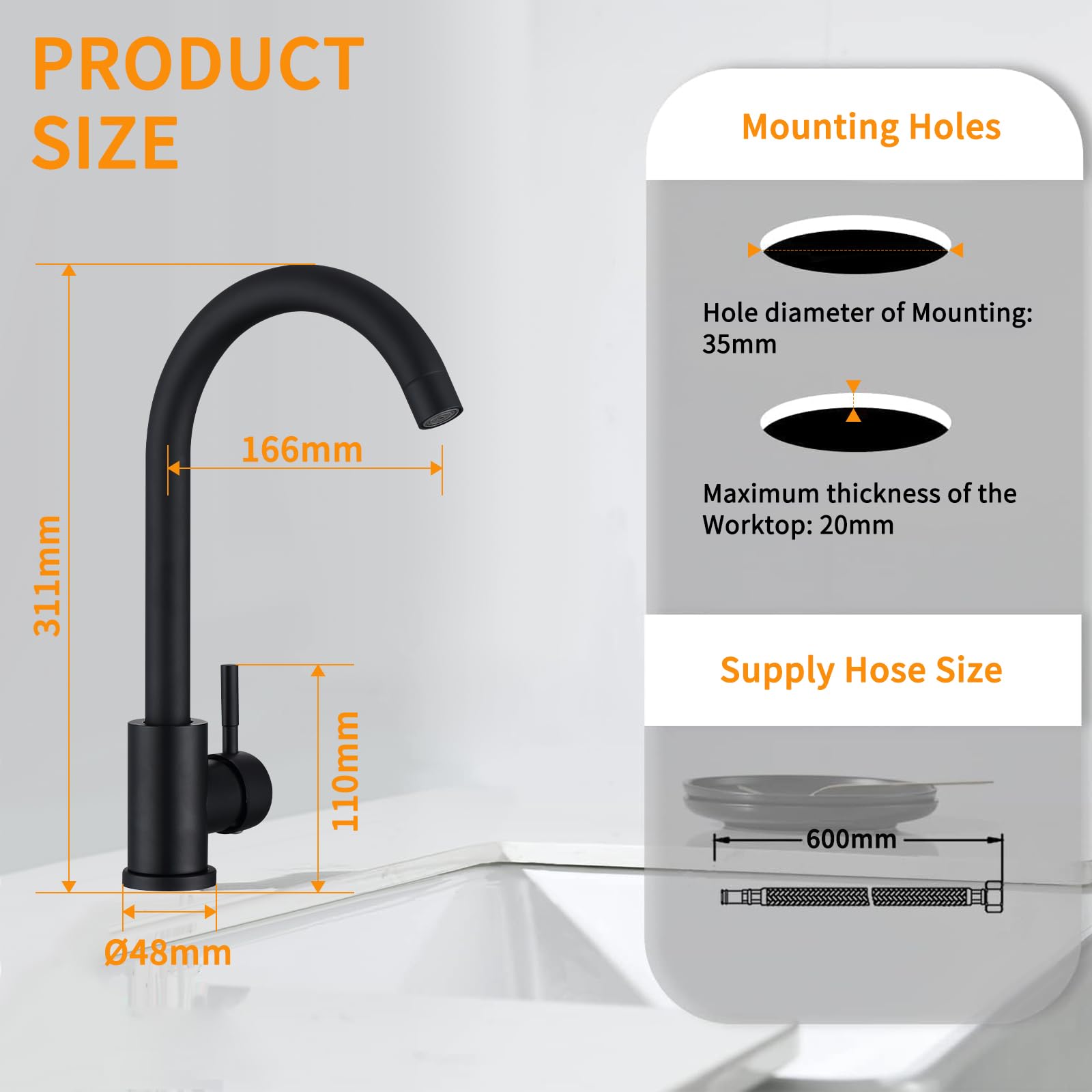 Homelody Mitigeur de Cuisine Noir Robinet de Cuisine Bec Rotatif  360° Robinet Mitigeur d'Evier en Acier Inox Durable