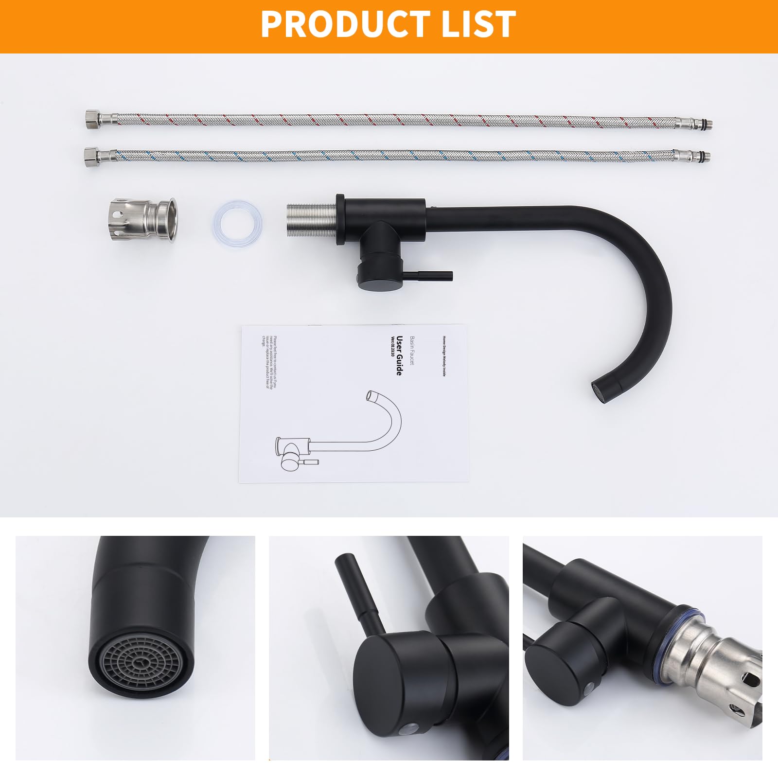 Homelody Mitigeur de Cuisine Noir Robinet de Cuisine Bec Rotatif  360° Robinet Mitigeur d'Evier en Acier Inox Durable