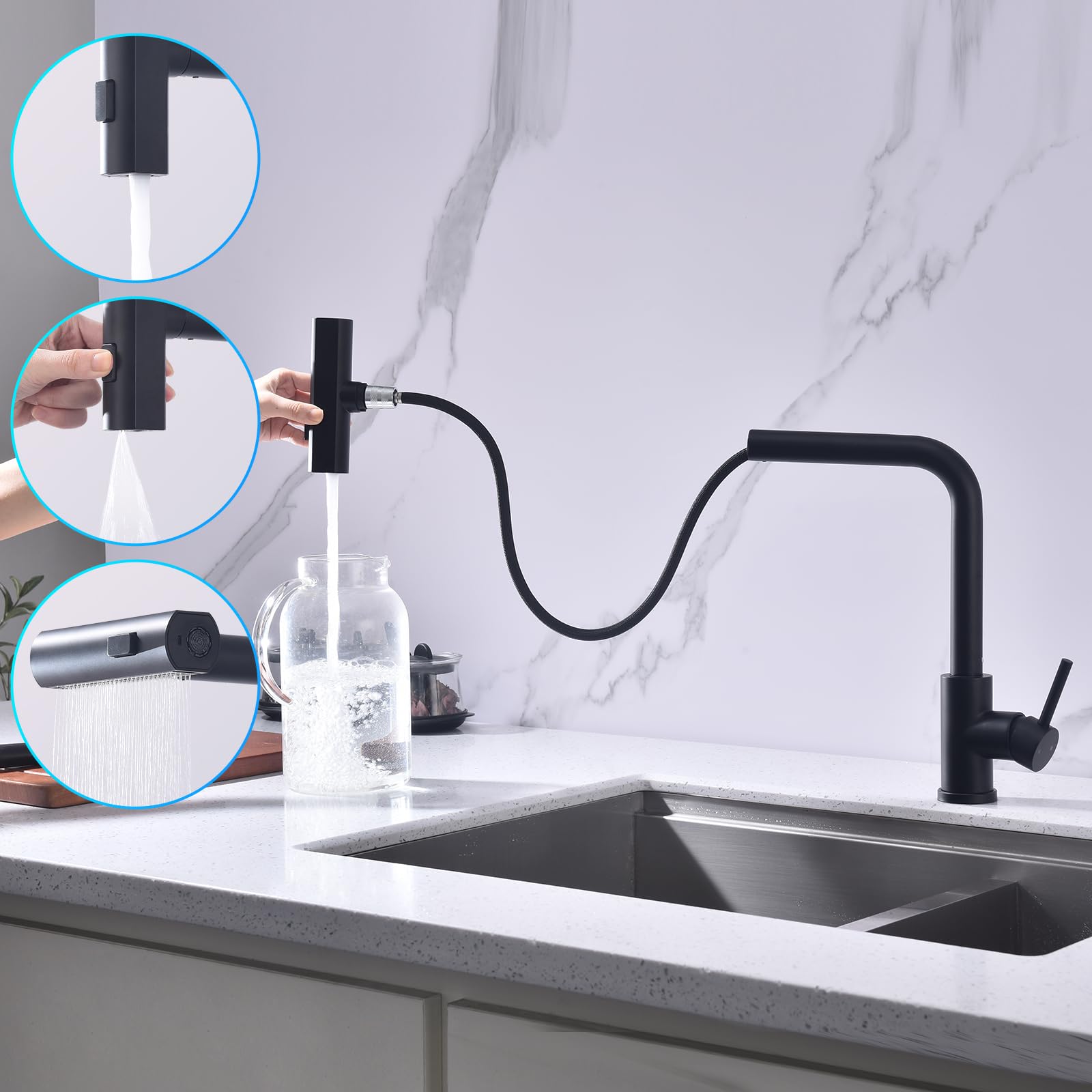 HOMELODY Robinet de cuisine noir extensible avec 3 types de jets, robinet d'évier avec douchette, robinet de cuisine pivotant à 360°, mitigeur de cuisine en acier inoxydable