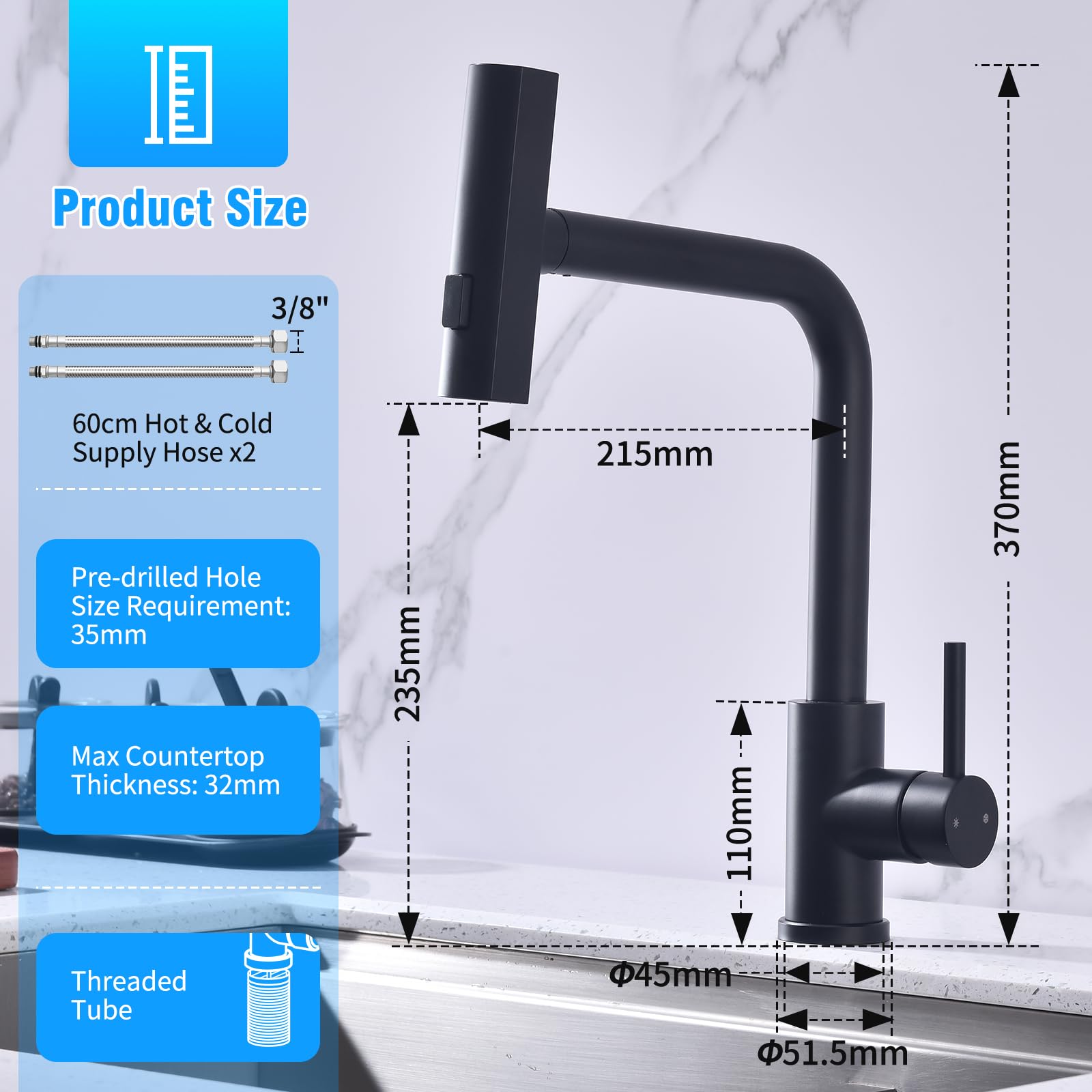 HOMELODY Robinet de cuisine noir extensible avec 3 types de jets, robinet d'évier avec douchette, robinet de cuisine pivotant à 360°, mitigeur de cuisine en acier inoxydable