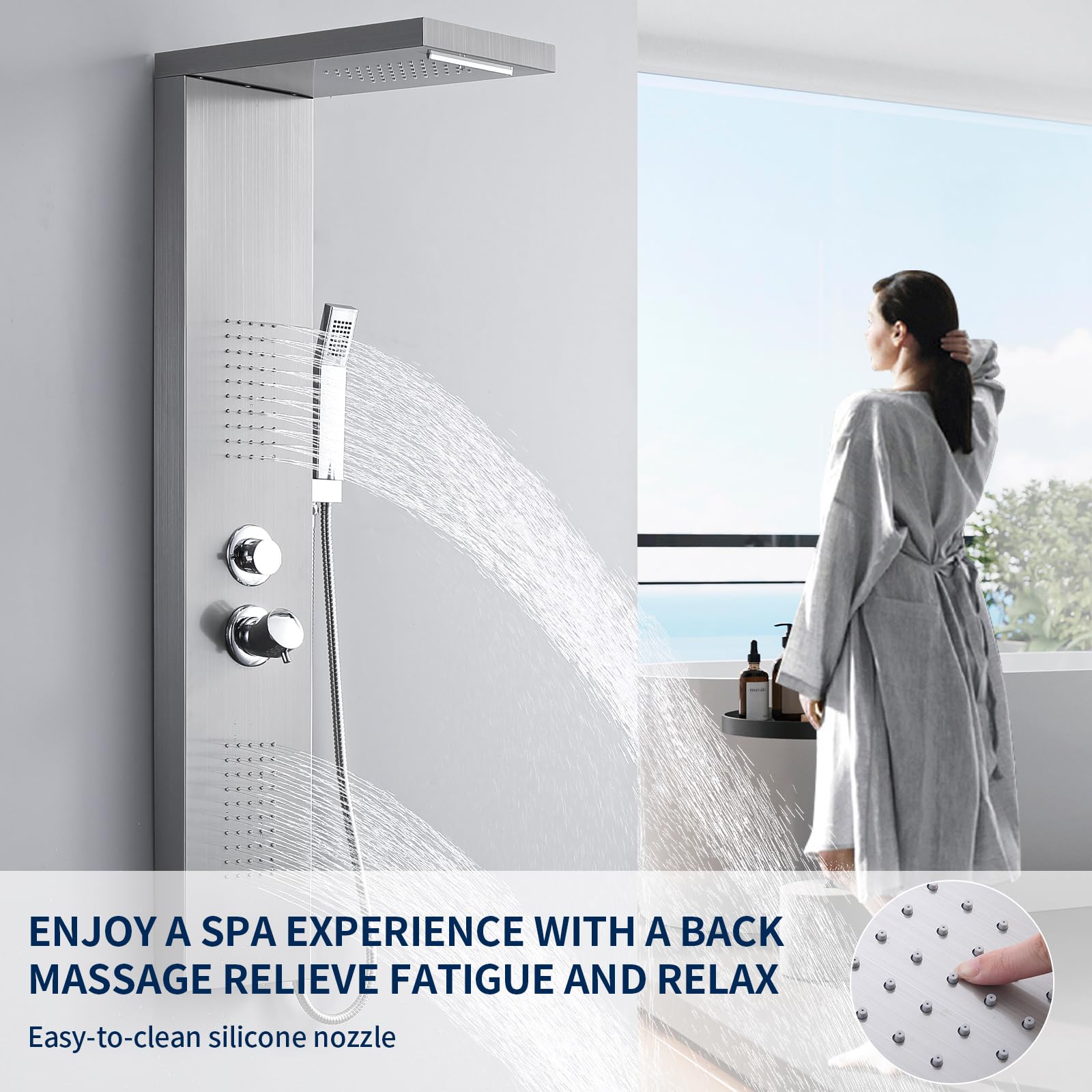 HOMELODY Ensemble de douche à effet pluie 4 fonctions avec douchette, douche à effet pluie, douche de massage, douche cascade, kit complet de douche