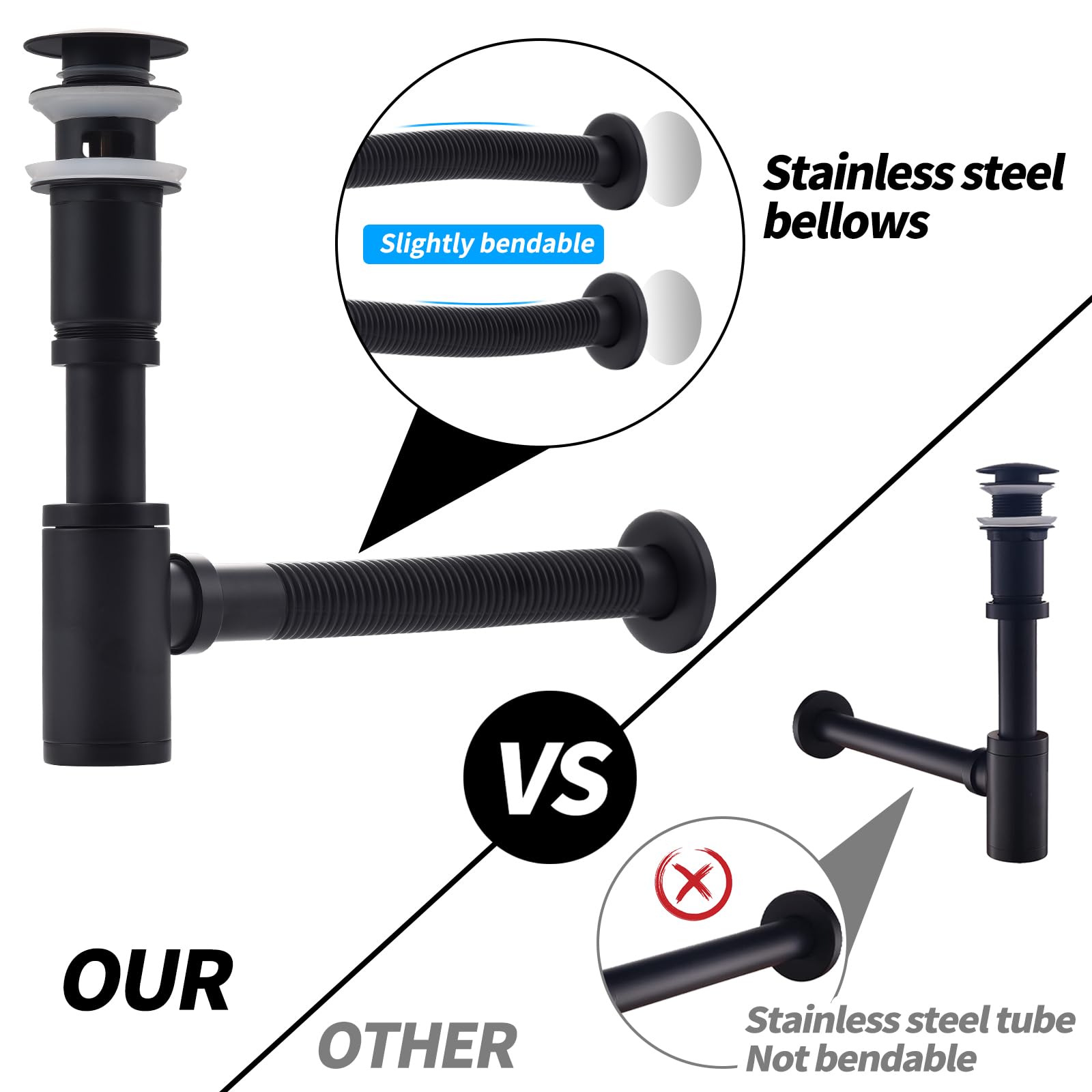 HOMELODY Siphon lavabo avec bonde à valve pop-up pour, siphon universel en laiton avec bouchon de lavabo et ouverture de nettoyage