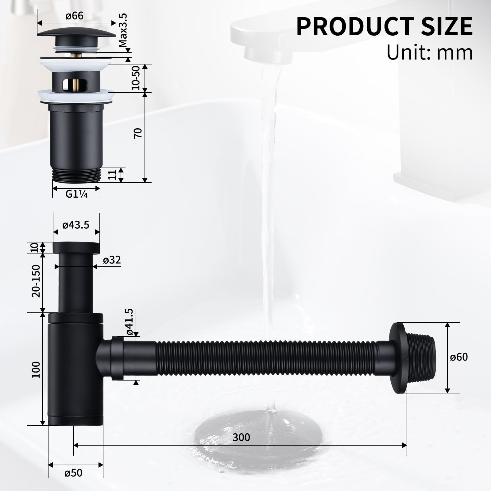 HOMELODY Siphon lavabo avec bonde à valve pop-up pour, siphon universel en laiton avec bouchon de lavabo et ouverture de nettoyage