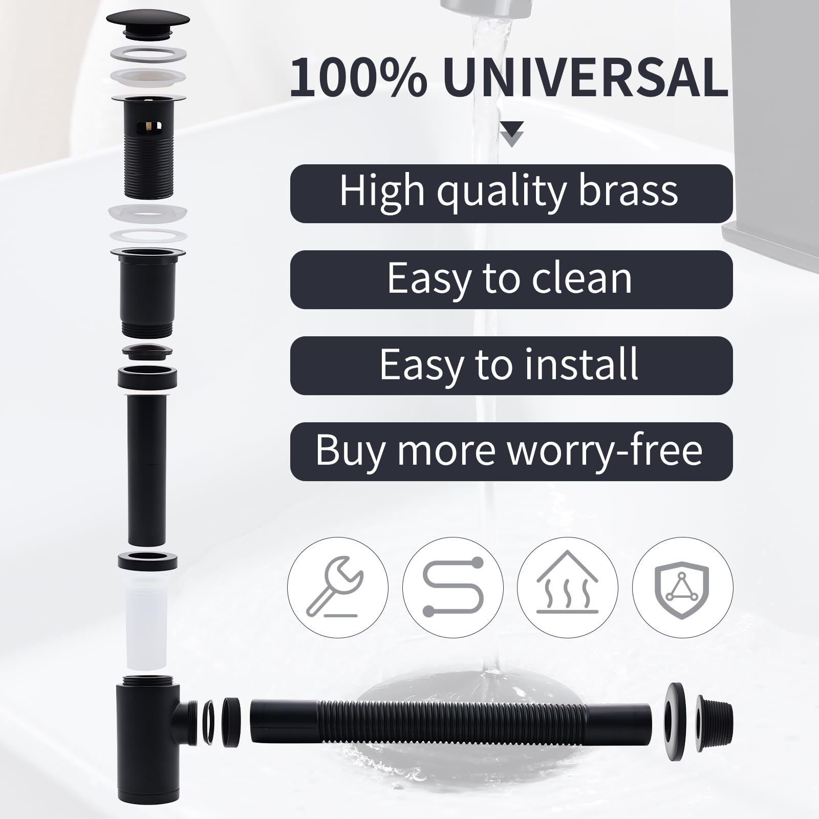HOMELODY Siphon lavabo avec bonde à valve pop-up pour, siphon universel en laiton avec bouchon de lavabo et ouverture de nettoyage