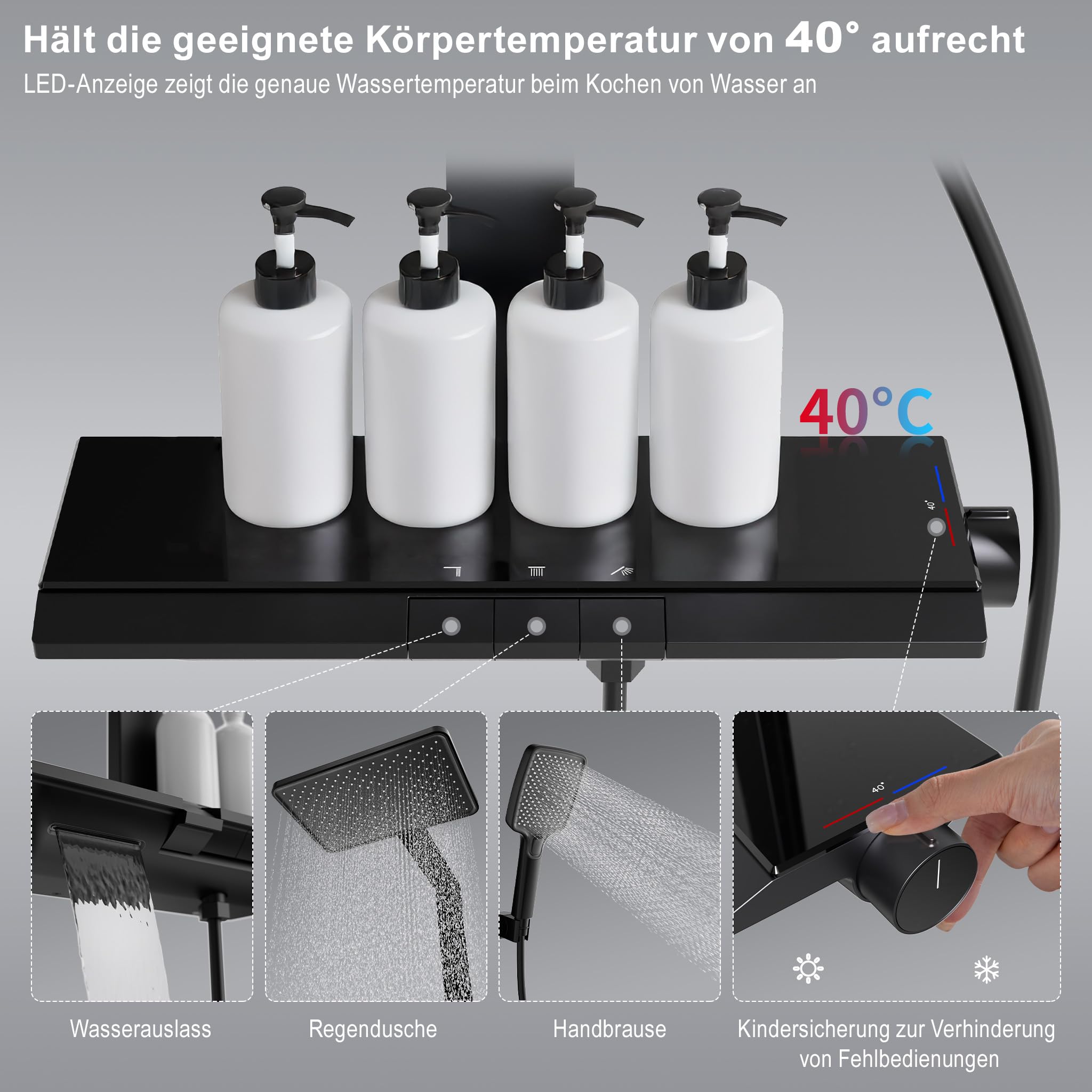 HOMELODY Système de douche avec thermostat et étagère en verre, robinet de douche, douchette à main avec 3 types de jet, douche à effet pluie avec robinet, ensemble de colonne de douche