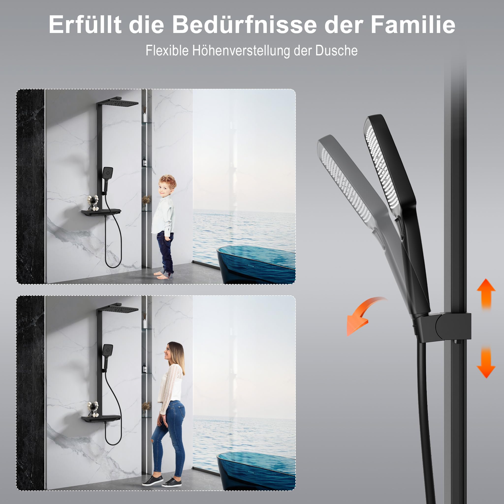HOMELODY Système de douche avec thermostat et étagère en verre, robinet de douche, douchette à main avec 3 types de jet, douche à effet pluie avec robinet, ensemble de colonne de douche