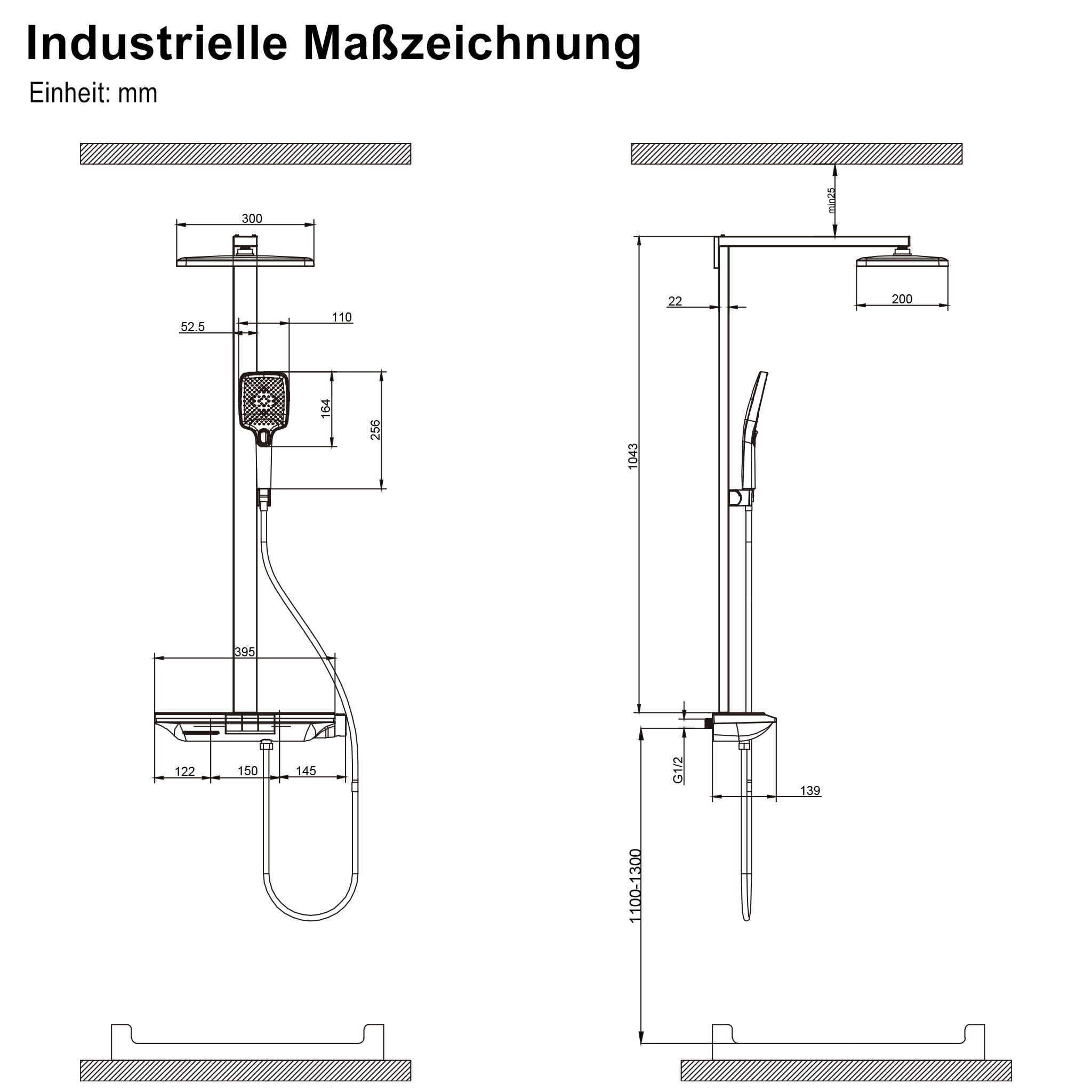 HOMELODY Système de douche avec thermostat et étagère en verre, robinet de douche, douchette à main avec 3 types de jet, douche à effet pluie avec robinet, ensemble de colonne de douche