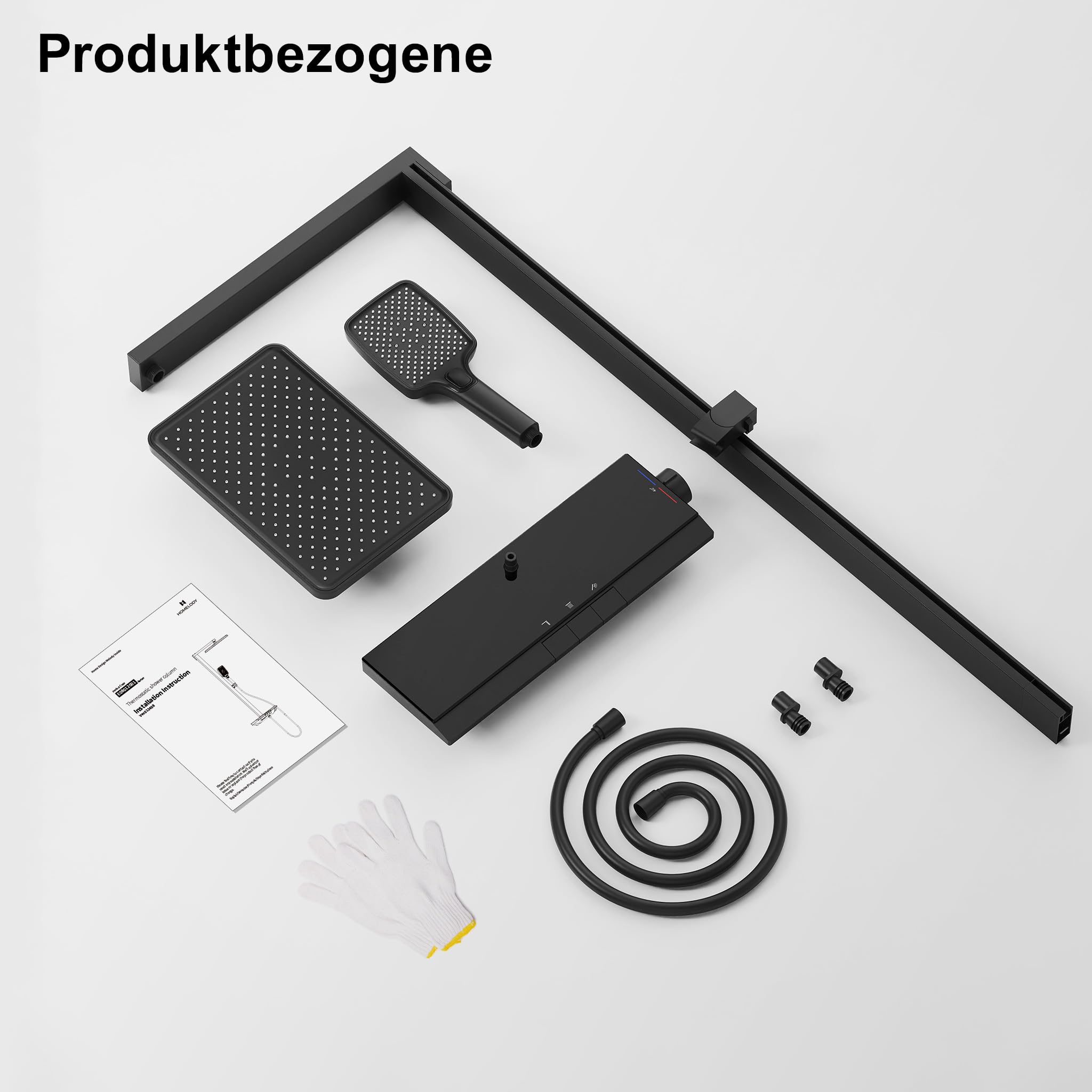 HOMELODY Système de douche avec thermostat et étagère en verre, robinet de douche, douchette à main avec 3 types de jet, douche à effet pluie avec robinet, ensemble de colonne de douche
