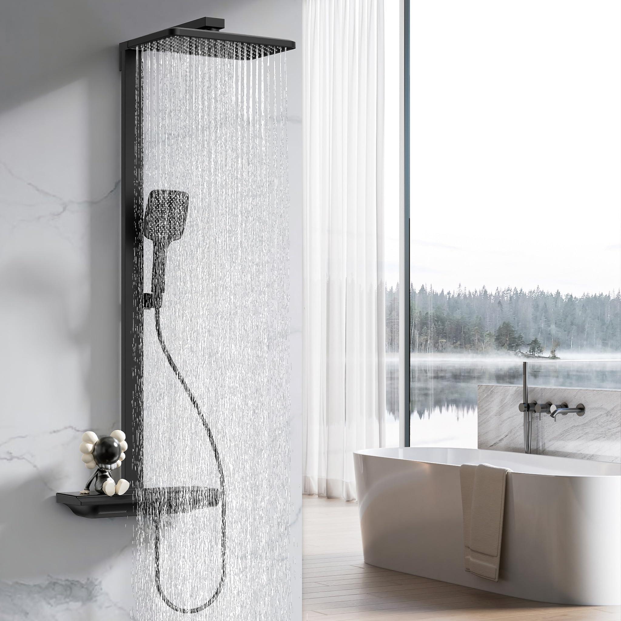 HOMELODY Système de douche avec thermostat et étagère en verre, robinet de douche, douchette à main avec 3 types de jet, douche à effet pluie avec robinet, ensemble de colonne de douche