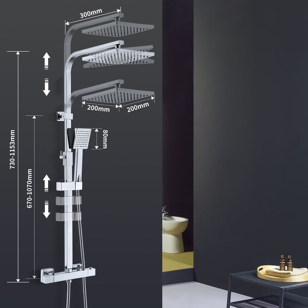 Système de douche Homelody avec thermostat, kit de douche en laiton avec robinetterie Pomme de douche à effet pluie (200 x 200 mm) Douchette, flexible, barre de douche, robinetterie de douche