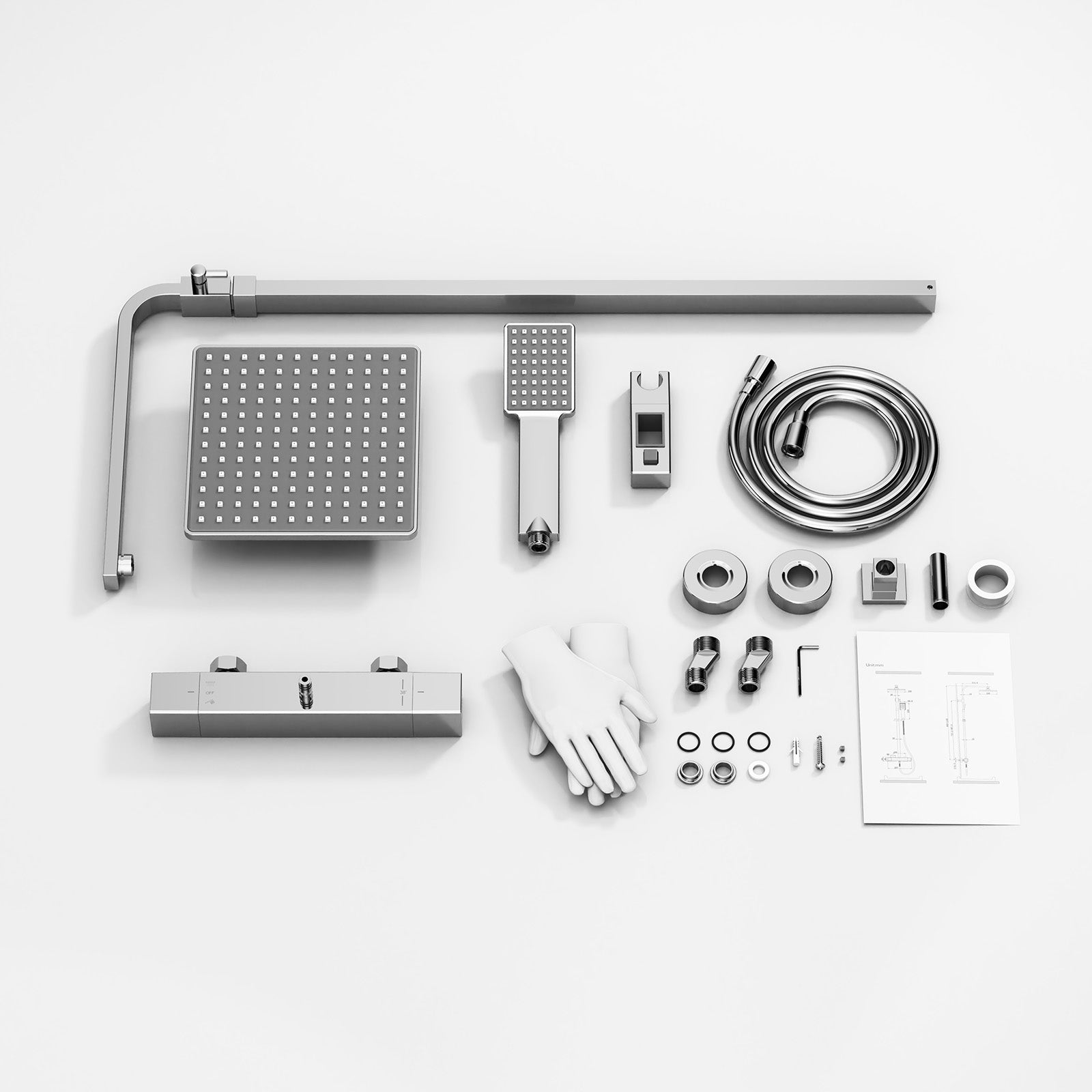 Système de douche Homelody avec thermostat, kit de douche en laiton avec robinetterie Pomme de douche à effet pluie (200 x 200 mm) Douchette, flexible, barre de douche, robinetterie de douche