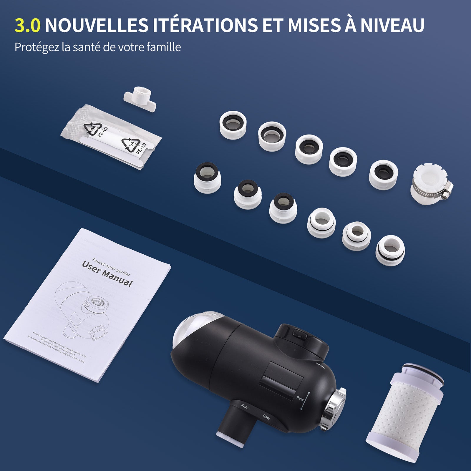 HOMELODY Filtre à eau robinet 3.0 avec affichage LED, filtre à eau potable pour cuisine, élimine le chlore, les métaux lourds et le mauvais goût, 12 adaptateurs avec lumière bleue (1 filtre inclus)