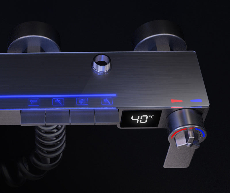 Homelody Carré 40℃ Thermostatique Système de douche à affichage numérique avec mitigeur de Baignoire pour Salle de Bain 4 Fonctions à lumière ambiante