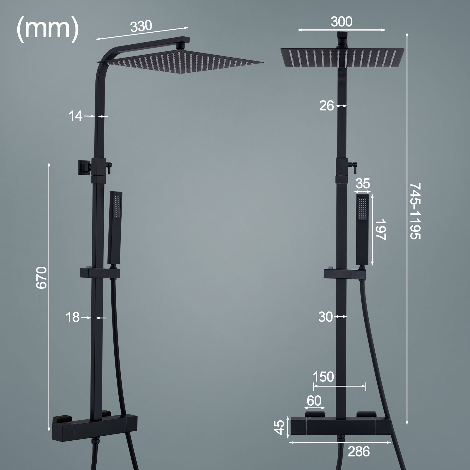 Homelody Colonne de Douche Thermostatique Système de Douche Hauteur Réglable Colonne de Douche Avec Grand Jet de Plafond Carré de 12 Pouces Ensemble de Douche Noir Corps en Laiton