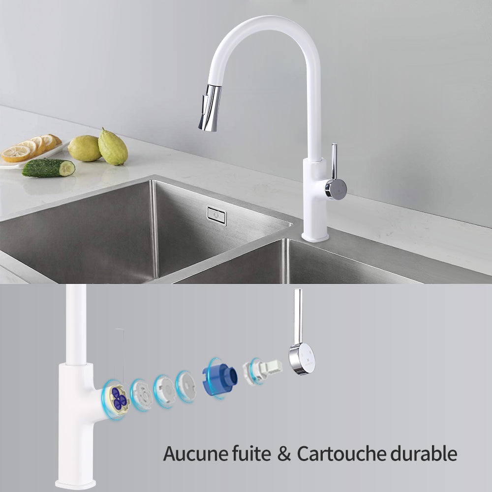 Homelody Robinet de Cuisine avec Douchette Extractible Dual, Blanc Mitigeur d'évier Cuisine Pivotant à 360°