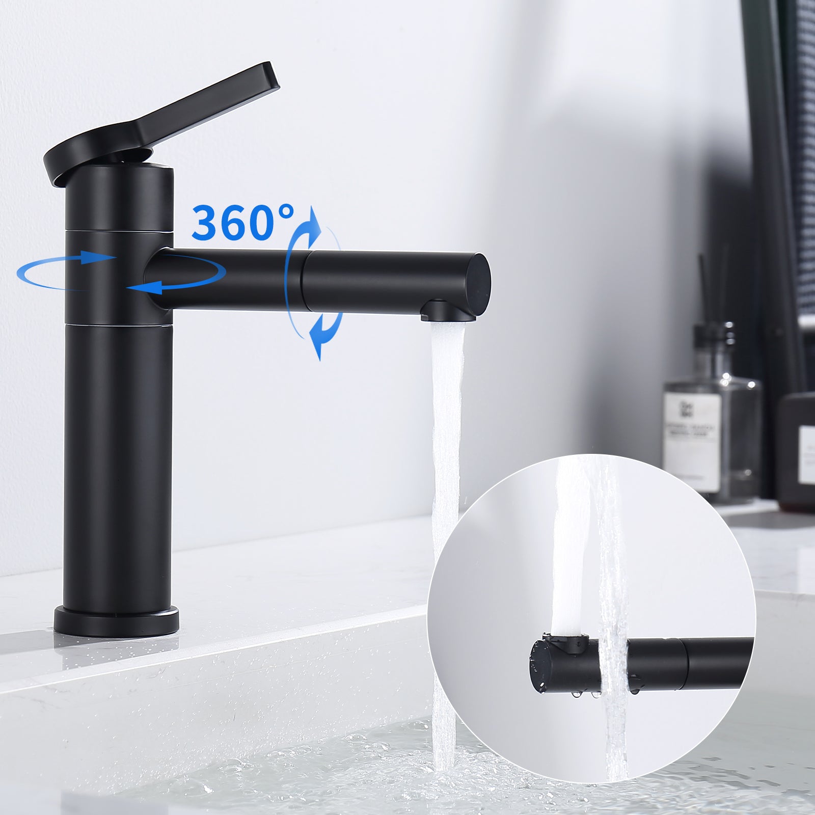 Homelody Robinet Salle de Bain Noir avec Bec Rotatif 360° Acier Inoxydable Créatif Mitigeur à Eau Froide et Chaude