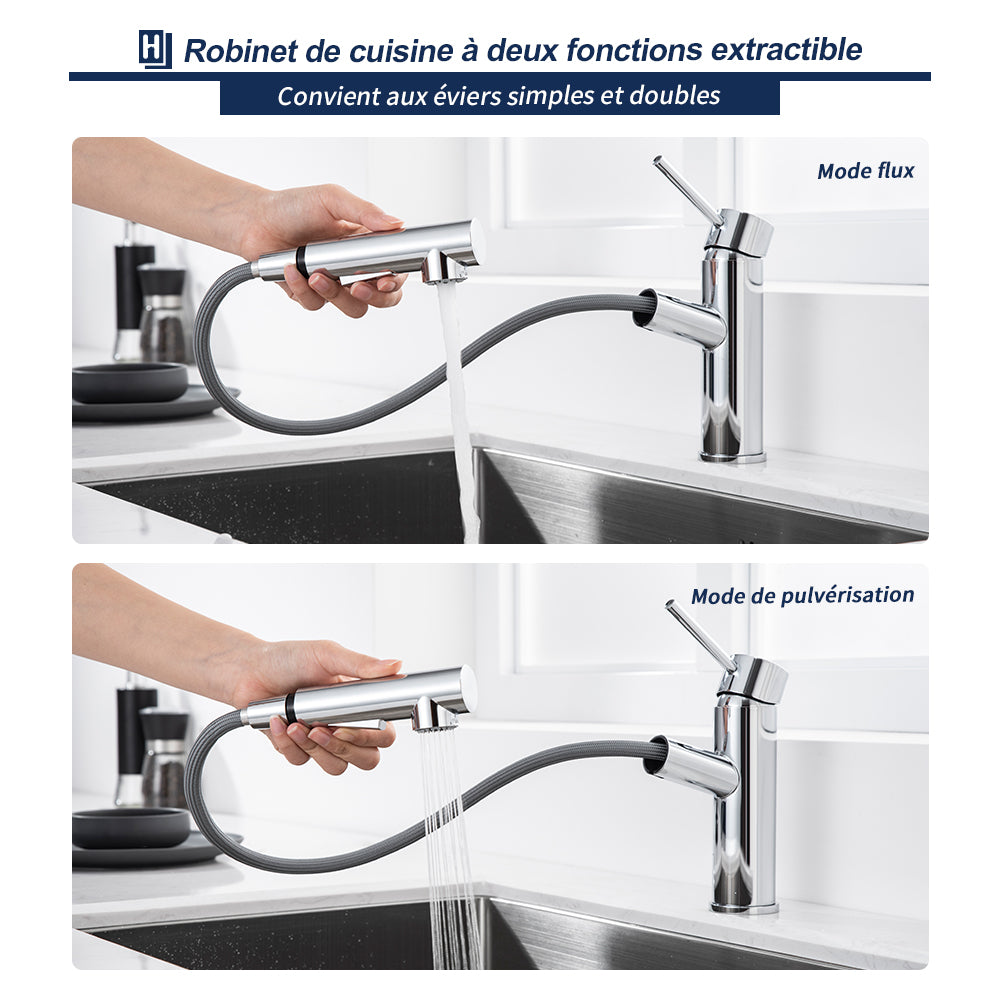 Mitigeur de Cuisine avec Douchette Extractible, Robinet en Acier Inoxydable  Brossé, Robinet Cuisine d'Évier 2 Modes de Sortie D'eau