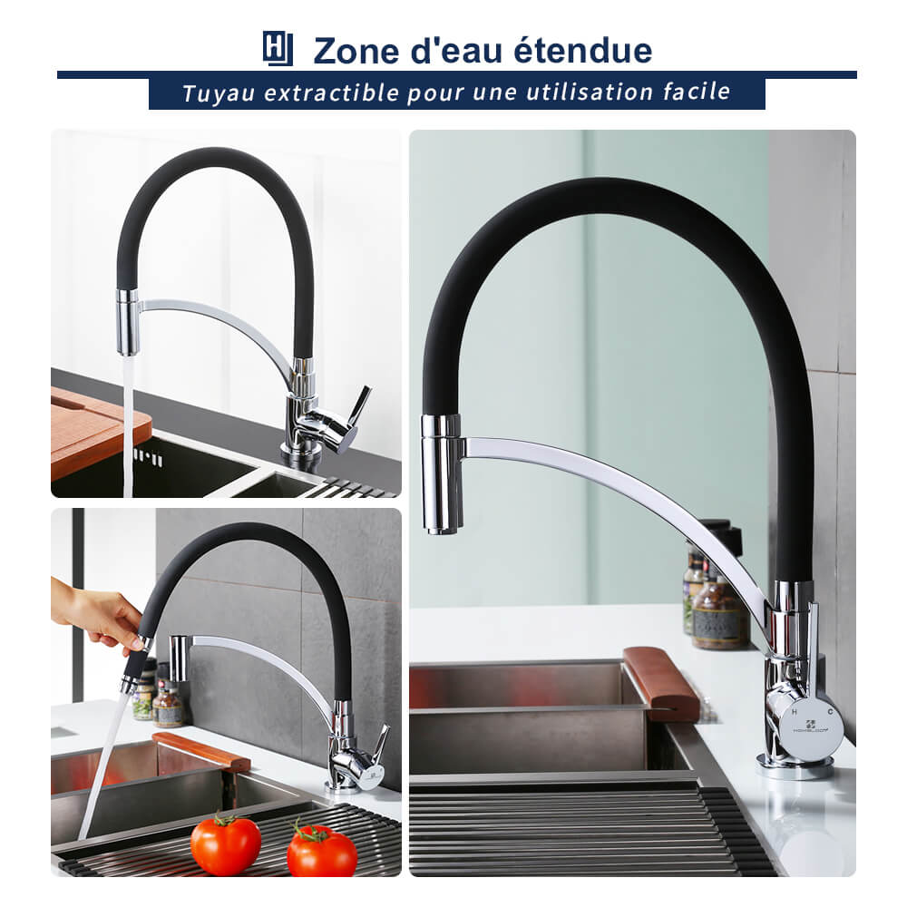 Elixir - Robinet Cuisine, Mitigeur Cuisine de Flexible Bec Pivotant à 360°  et Tuyau en Silicone Noir, Peut Ajuster L'eau Froide et chaude, Cuivre  Solide, PEX Tuyau, Chrome. - Robinet de lavabo 