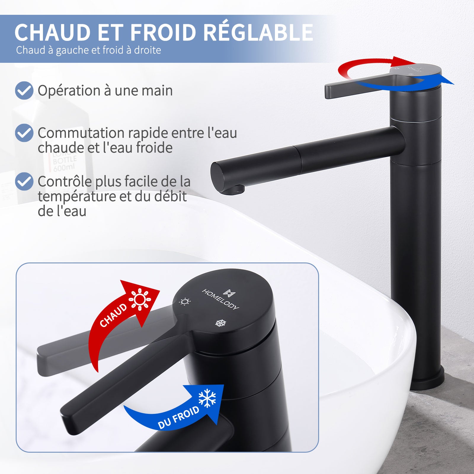 Robinet d'évier Robinet de salle de bain, Design élégant et moderne Laiton  doré Mitigeur d'évier pivotant à 360 ° Eau chaude et froide disponible,  Valve en céramique 