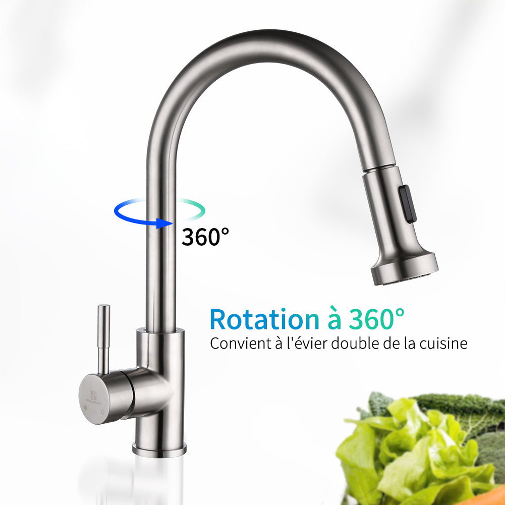 2 Fonction Jets débit Robinet Retractable de Cuisine Acier Nickel Brossé Homelody Mélangeu évier Douchette Poignée Unique