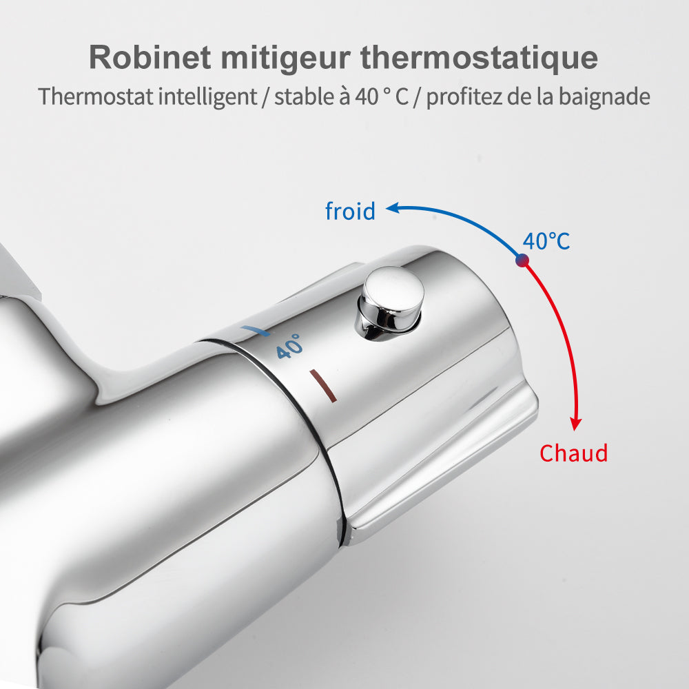 HOMELODY Mitigeur Douche Thermostatique Cascade Température Constante 40°  Robinet Baignoire Noir Mat